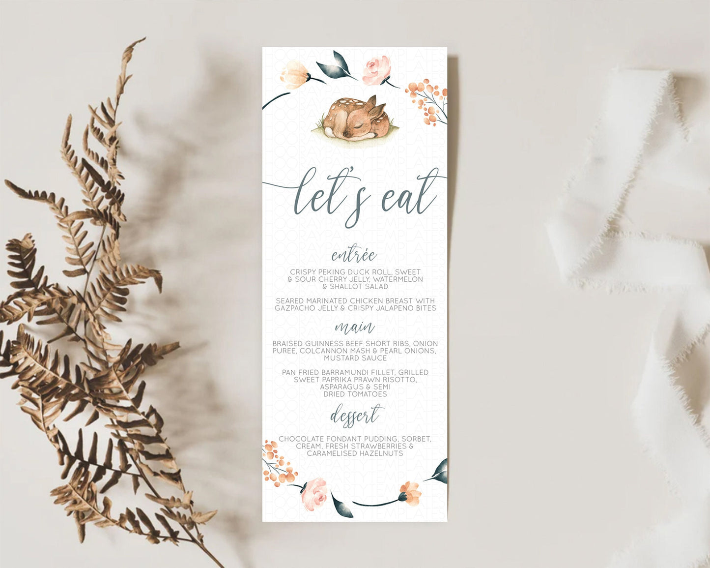 Fawn Menu Deer Menu Template Pastel Floral Deer Table Decor Enchanted Forest Butterfly Floral Dinner Dessert Menu Party Food Menu D10790