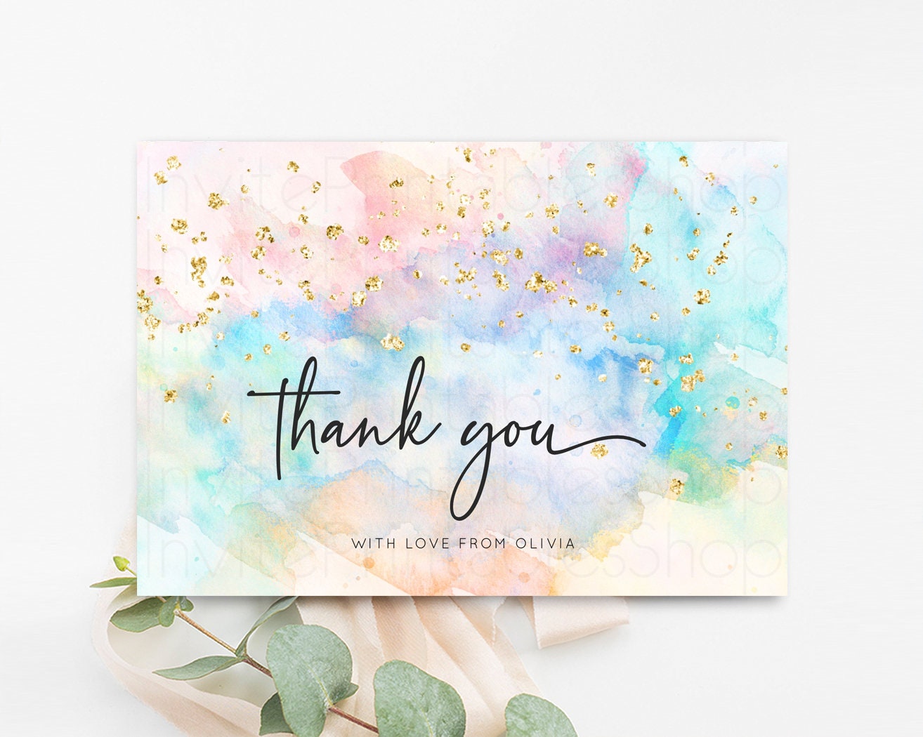 Pastel Rainbow Thank you Colorful Watercolor Folded Gift Cards Custom Note Message Glitter Birthday Engaged Baby Shower Wedding Guests 276v3
