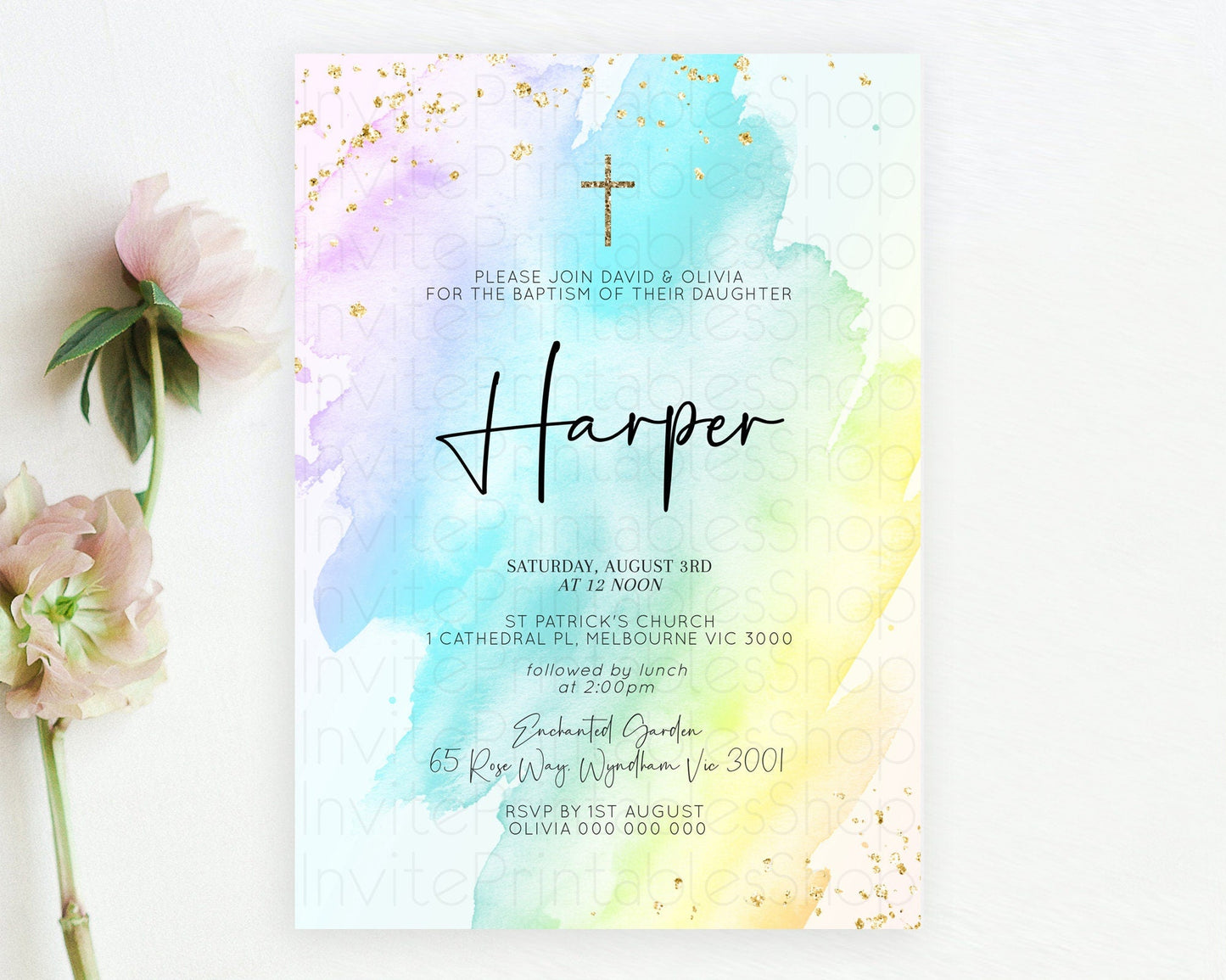 Pastel Baptism Invitation Pastel Colors Watercolor Baptism 1st Birthday Party Gold Ombre Pastel Rainbow Christening Holy Communion D10171