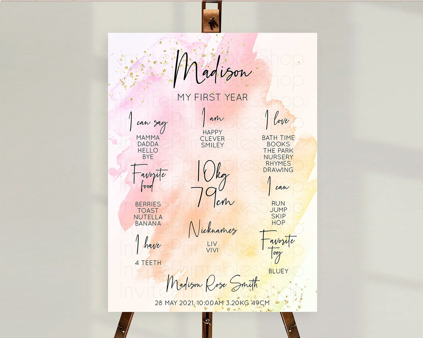 Pink First Birthday Milestone Poster Pink Watercolor Milestone Board Pastel Pink Watercolor Splash Milestone Board 1st Birthday D10167