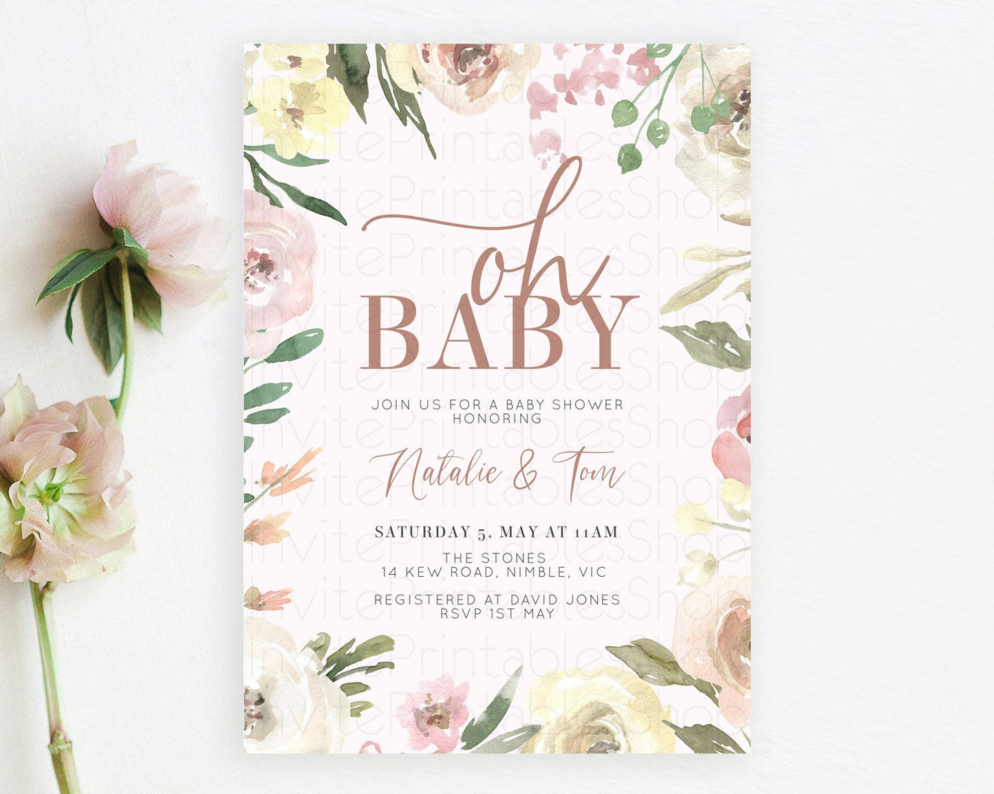 Wildflower Baby Shower Invitation, Enchanted Secret Garden Theme with Soft Pink, Green, and Yellow Flowers, Oh Baby Floral Invitation D10192