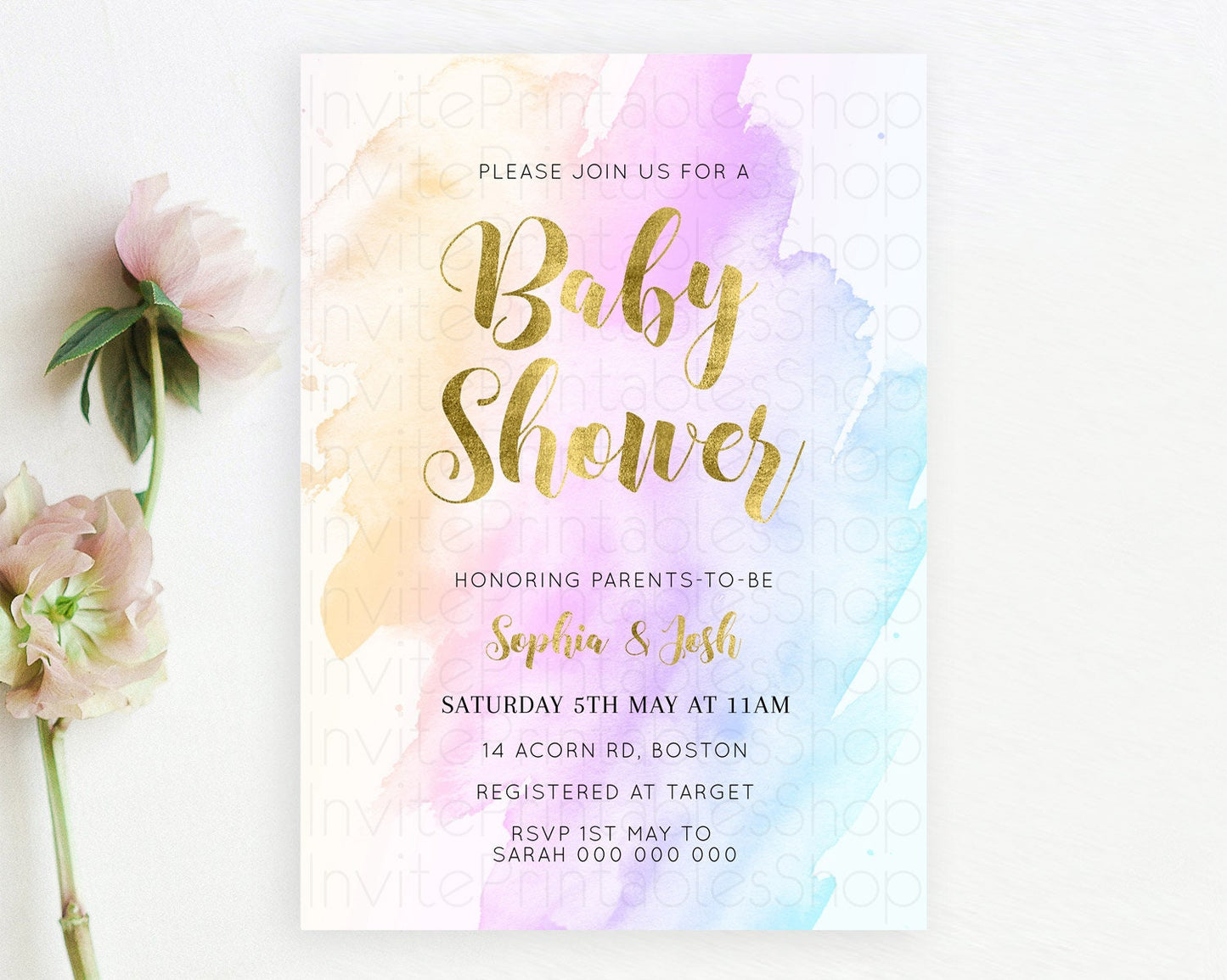 Pastel Baby Shower Invitation Rainbow Baby Shower Invitation Colorful Pastel Watercolor Invitation Gold Glitter Sprinkles Ombre D11027