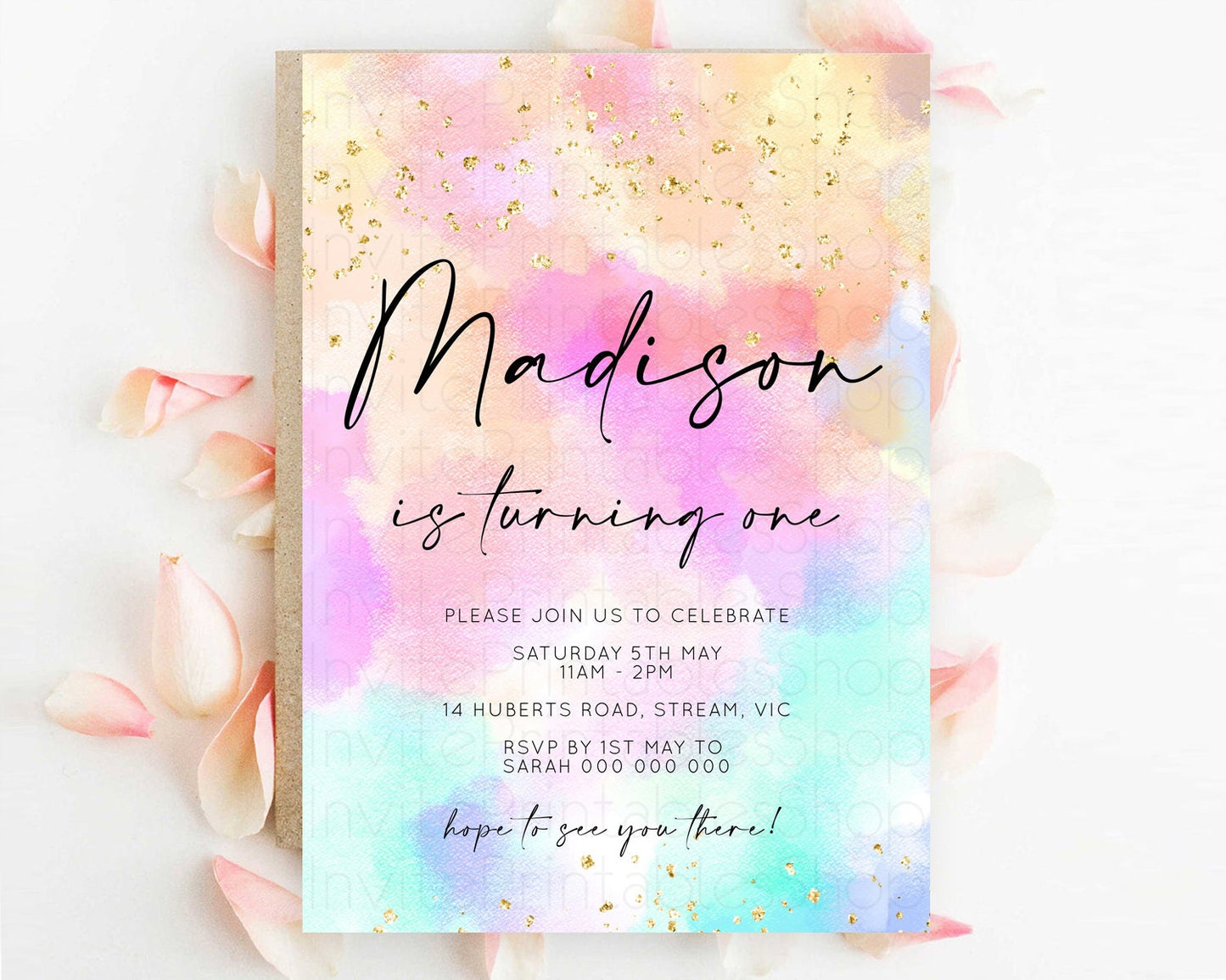 Rainbow Birthday Invitation Colorful Pastel Watercolor Invitation Gold Glitter Sprinkles Ombre Pastel 1st 2nd 3rd Birthday D10667