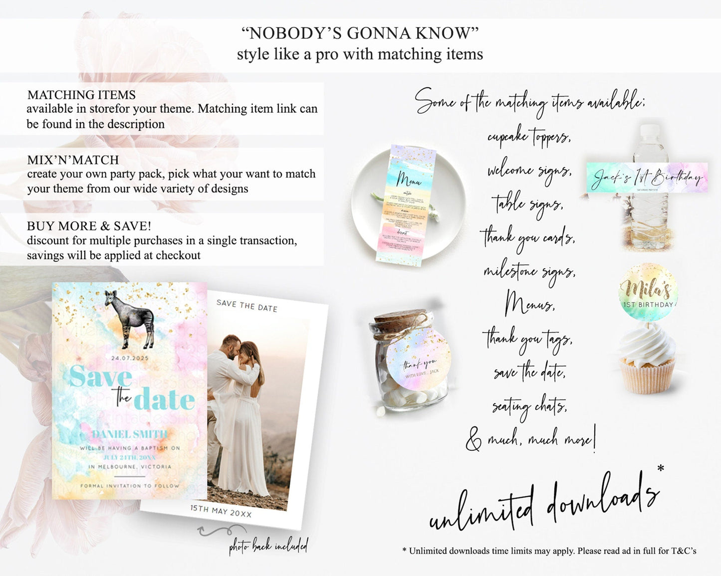Pastel Okapi Save The Date Template Rainbow Watercolor Okapi Party Save The Date Colorful Okapi Theme Birthday Baptism Baby Shower D10282