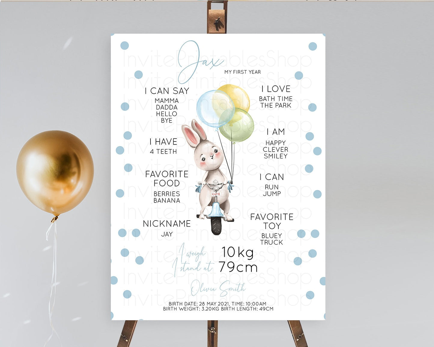 Bunny First Birthday Milestone Board Bunny Balloon Milestone Poster Colorful Pastel Confetti Bunny First Birthday Welcome Sign D10783