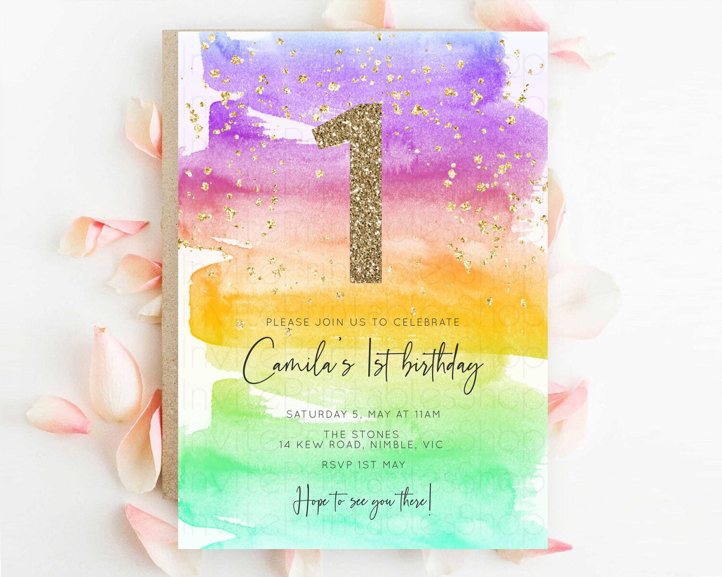 Rainbow Birthday Invitation Colorful Pastel Watercolor Invitation Gold Glitter Sprinkles Ombre Pastel 1st 2nd 3rd Birthday D10524