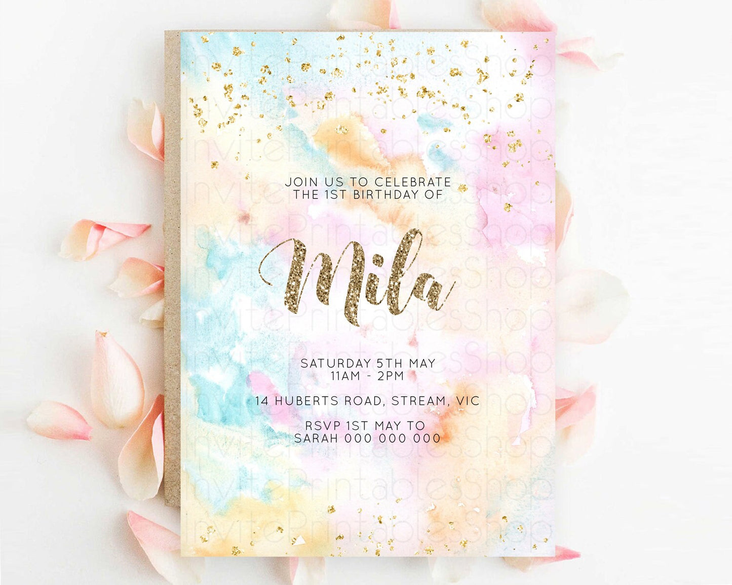 Rainbow Birthday Invitation Colorful Pastel Watercolor Invitation Gold Glitter Sprinkles Ombre Pastel 1st 2nd 3rd Birthday D10548