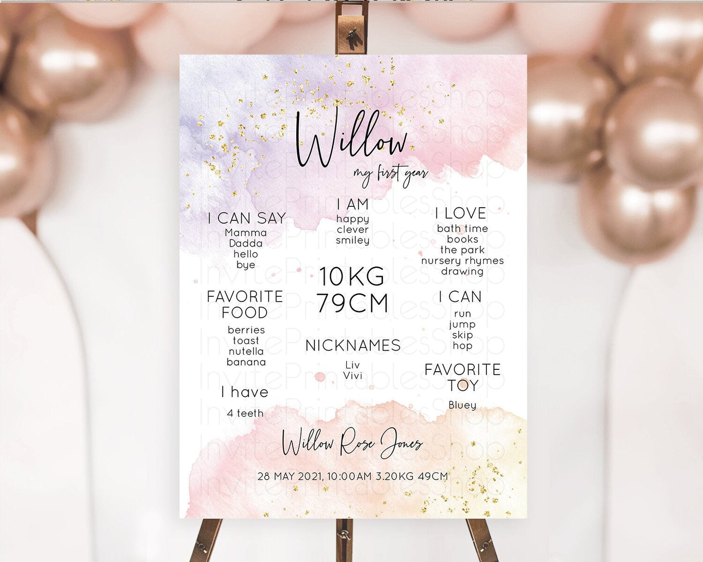 Pastel First Birthday Milestone Board Pastel Rainbow Milestone Poster Colorful Confetti Watercolor Glitter 1st Birthday Welcome Sign D10327