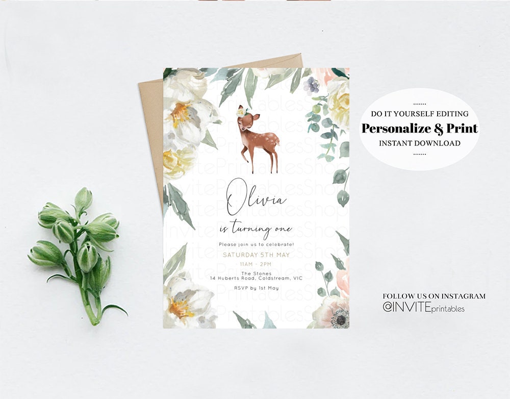 Deer Birthday Invite Baby Deer Invite Deer Invite Forest Friends Invite Pastel Floral Invite Glitter Invite White Floral Garden Invite 112