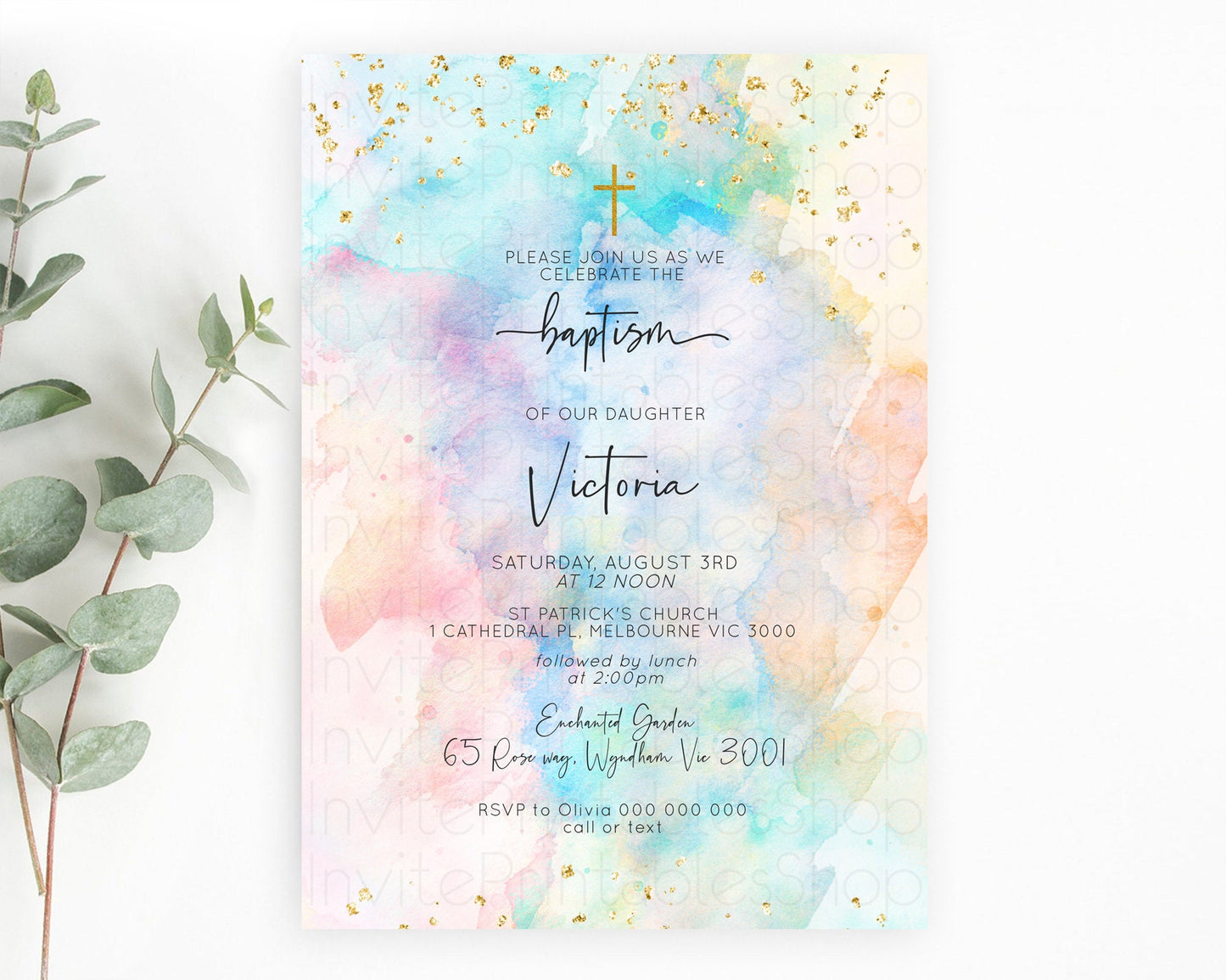 Pastel Baptism Invitation Pastel Colors Watercolor Baptism 1st Birthday Party Gold Ombre Pastel Rainbow Christening Holy Communion D10260