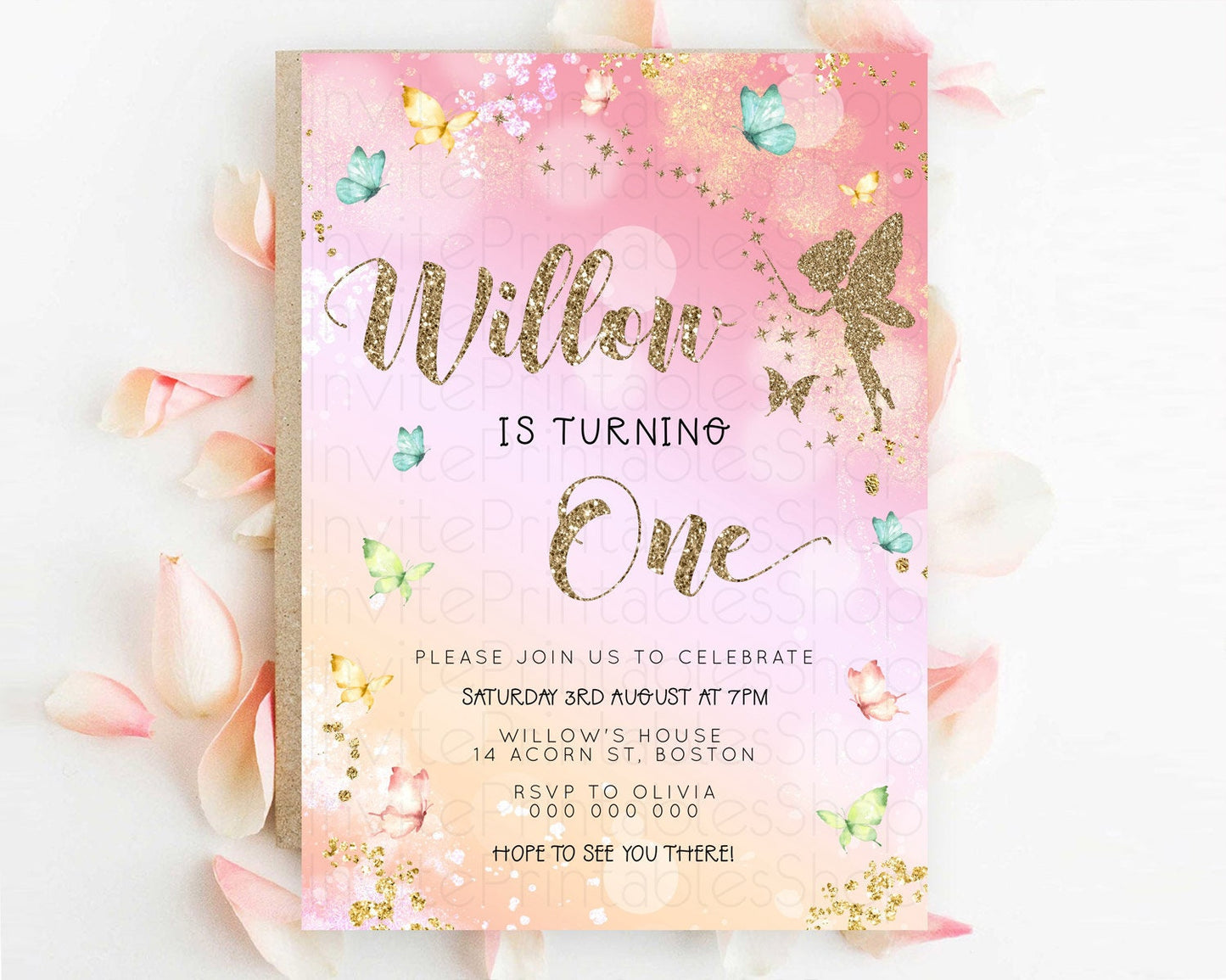 Pastel Fairy Birthday Invitation Pastel Butterflies Fairy Birthday Invitation Rainbow Ombre Watercolor 1st 2nd Birthday Invitation D23149