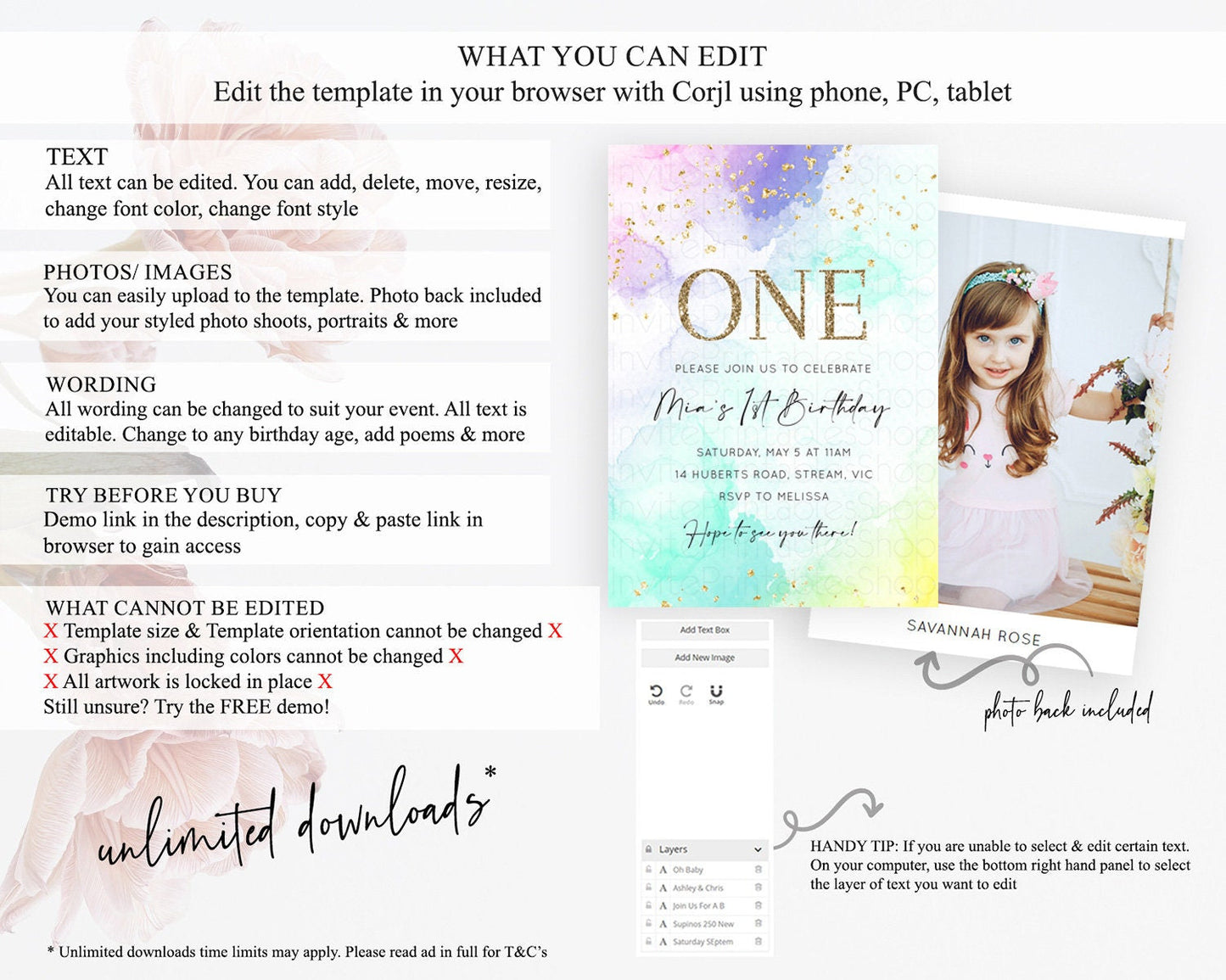 Rainbow Birthday Invitation Colorful Pastel Watercolor Invitation Gold Glitter Sprinkles Ombre Pastel 1st 2nd 3rd Birthday D10157