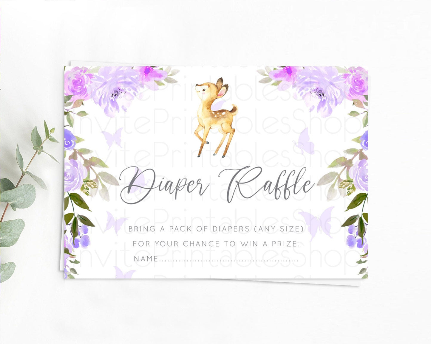 Fawn Diaper Raffle Card Deer Diaper Insert Floral Deer Diaper Ticket Enchanted Forest Butterfly Pastel Baby Shower Raffle Game D10916