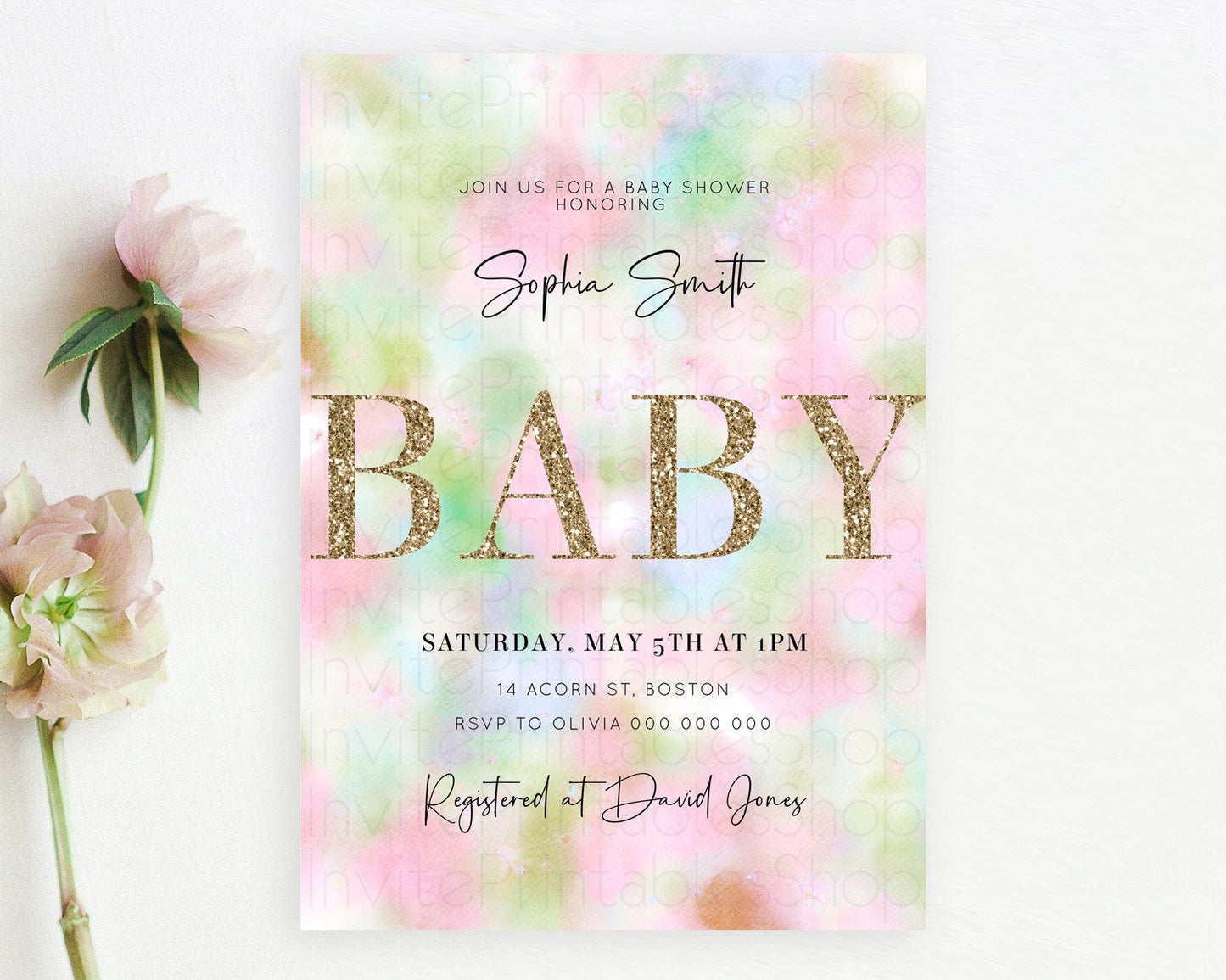 Pastel Baby Shower Invitation Rainbow Baby Shower Invitation Colorful Pastel Watercolor Invitation Gold Glitter Sprinkles Ombre D10698