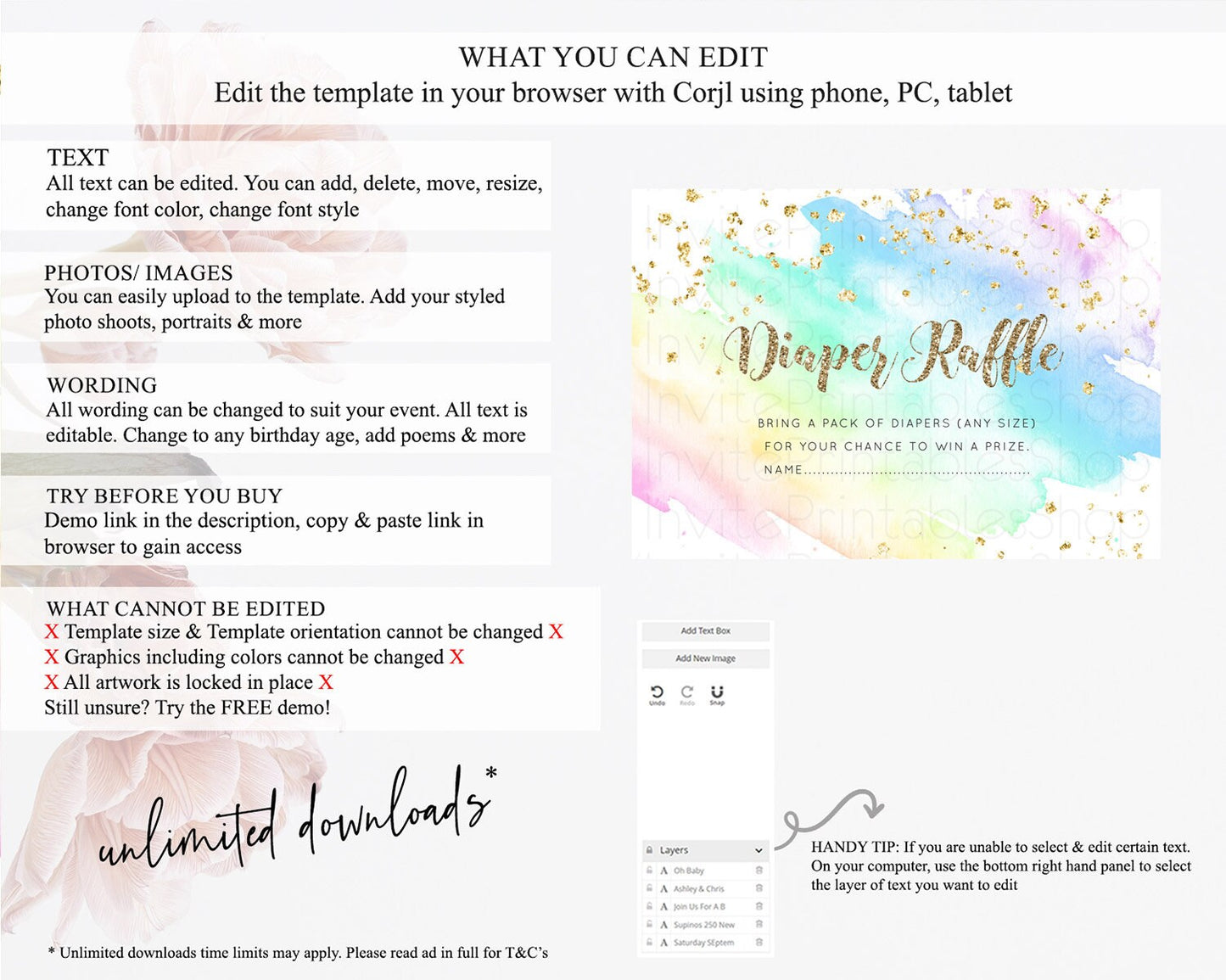 Pastel Diaper Raffle Card Pastel Rainbow Diaper Raffle Insert Colorful Ombre Watercolor Diaper Ticket Confetti Glitter Raffle Game D10637