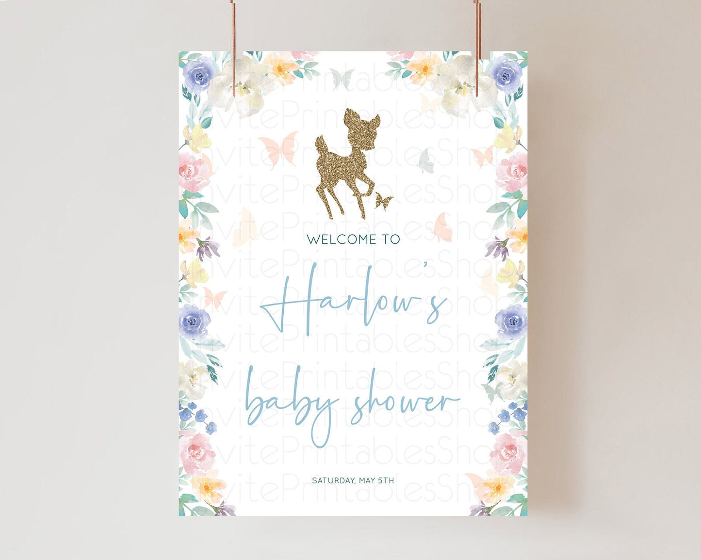 Fawn Baby Shower Welcome Sign Deer Welcome Board Floral Deer Welcome Poster Enchanted Forest Butterfly Pastel Floral Welcome Sign D10878