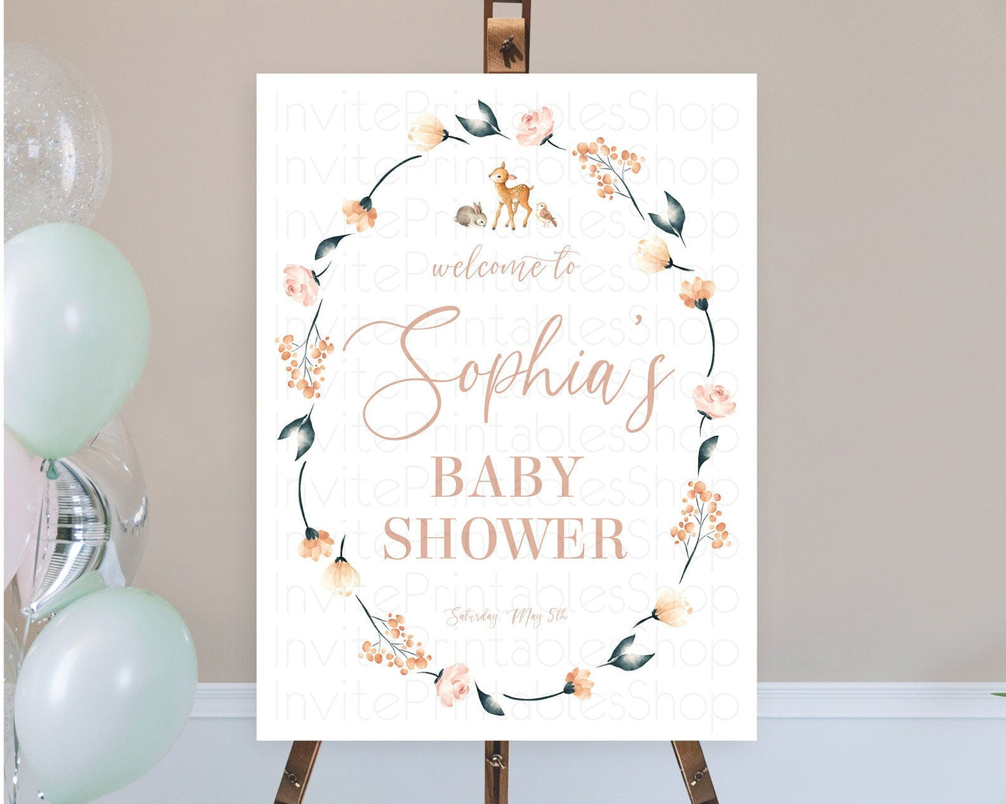 Fawn Baby Shower Welcome Sign Deer Welcome Board Floral Deer Welcome Poster Enchanted Forest Butterfly Pastel Floral Welcome Sign D10241