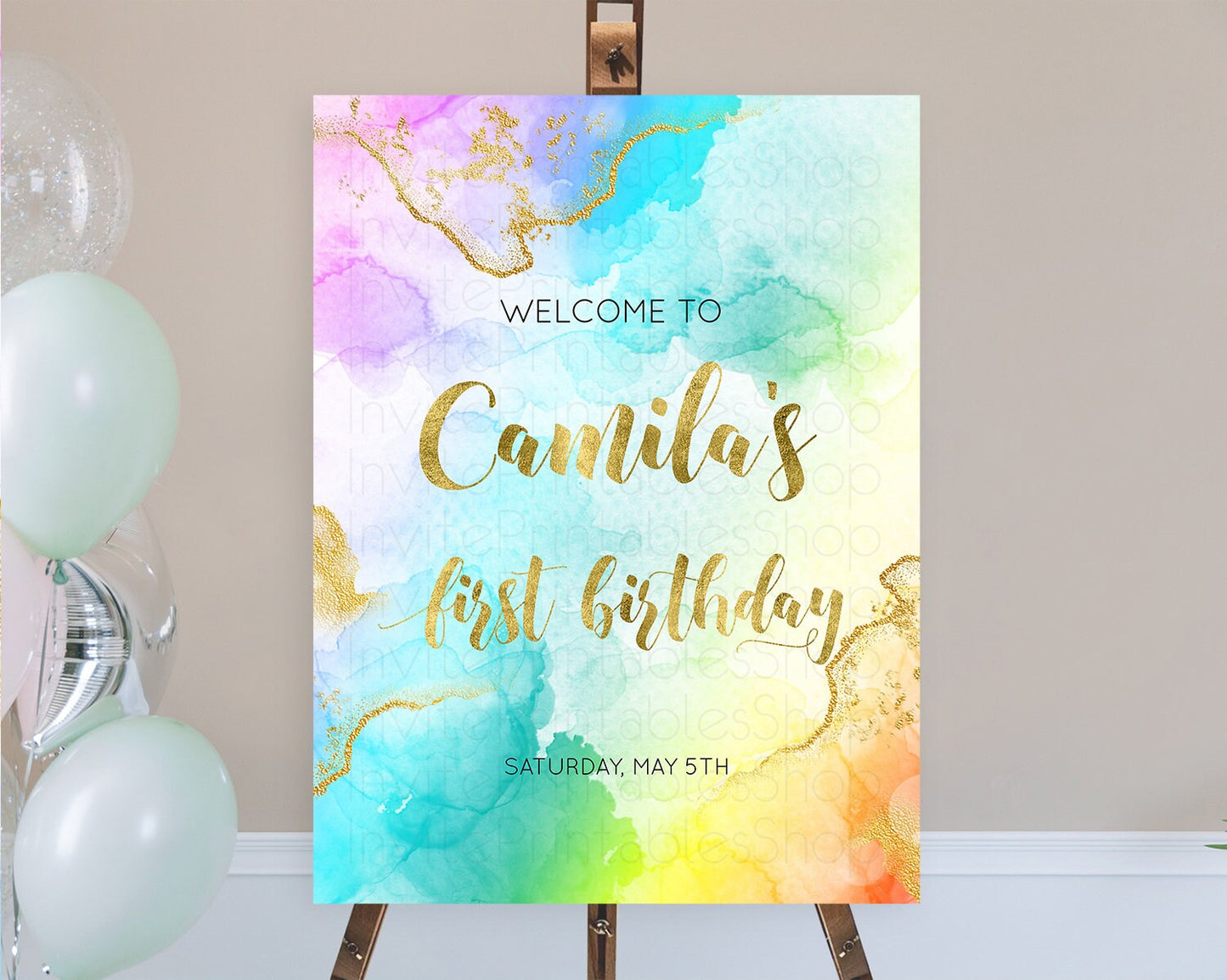 Pastel Welcome Sign Pastel Rainbow Welcome Sign Colorful Rainbow Confetti Watercolor Glitter Pastel First Birthday Welcome Sign D10392