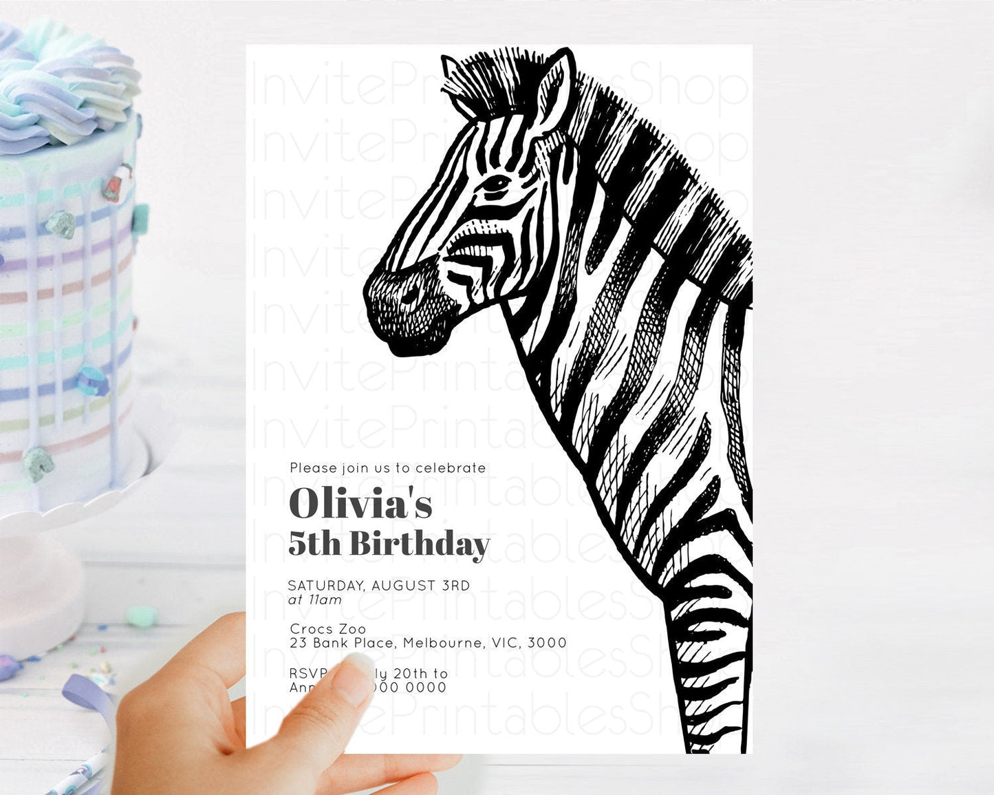 Zebra Birthday Invitation Zebra Invite Jungle Safari invite Watercolor Tropical Palm Invite Adventure Zoo Party Wild Animal Party D10249