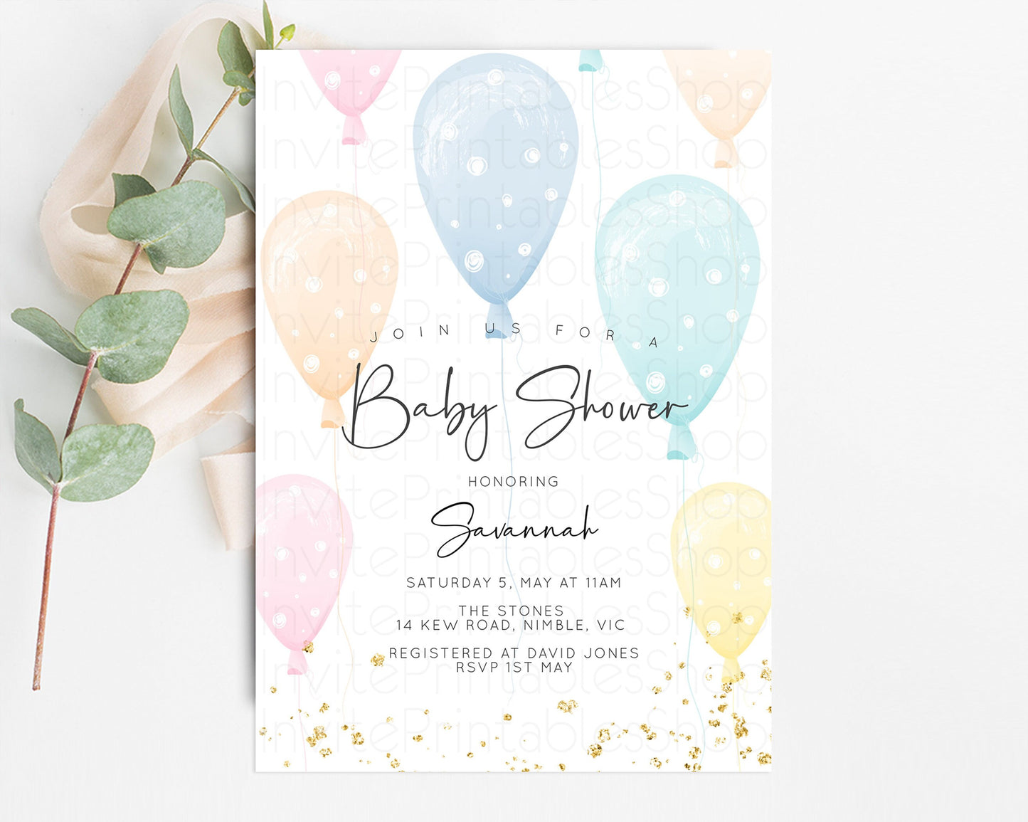 Balloon Baby Shower Invitation Rainbow Pastel Colorful Glitter Sprinkles Confetti Gender Neutral Pink Blue Green Yellow Editable Invite 154