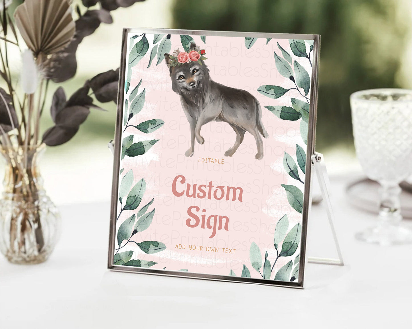 Wolf Sign Wolf Table Sign Decor Pastel Floral Wolf Party Forest Adventure Wilderness Theme Birthday Baptism Christening Baby Shower D10535