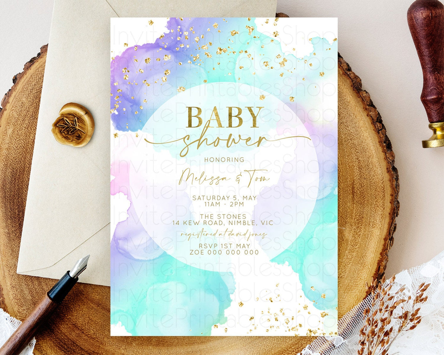 Pastel Baby Shower Invitation Rainbow Baby Shower Invitation Colorful Pastel Watercolor Invitation Gold Glitter Sprinkles Ombre D10212