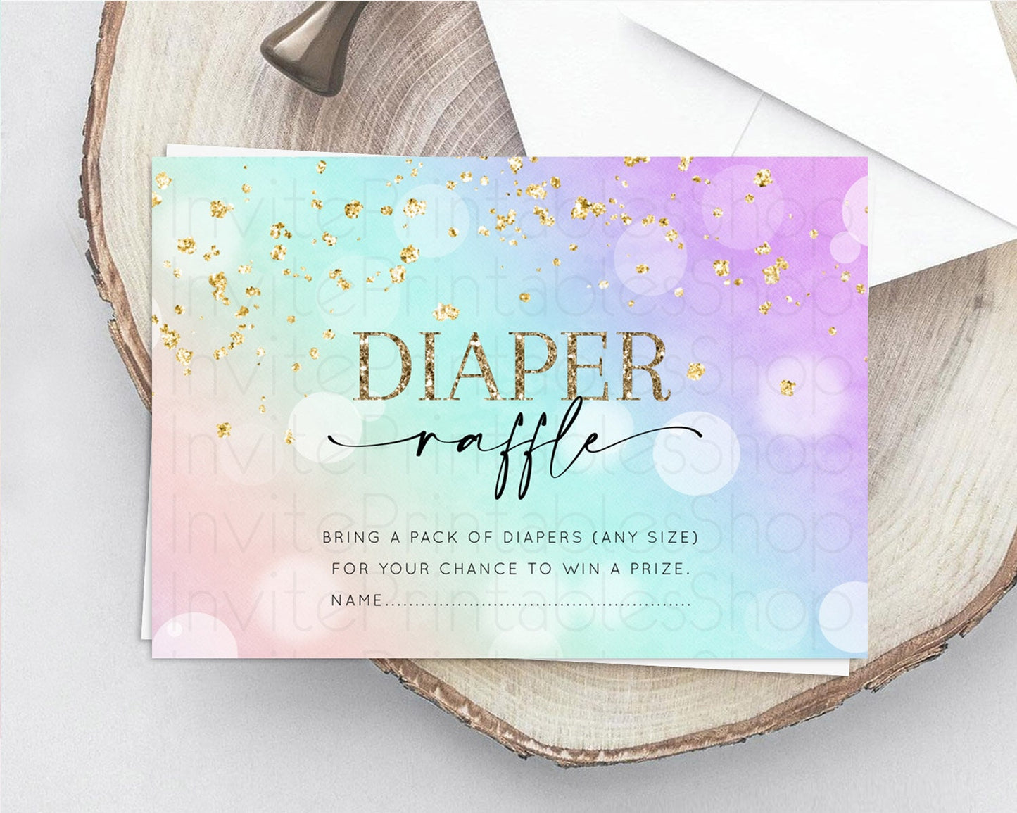 Pastel Diaper Raffle Card Pastel Rainbow Diaper Raffle Insert Colorful Ombre Watercolor Diaper Ticket Confetti Glitter Raffle Game D10618