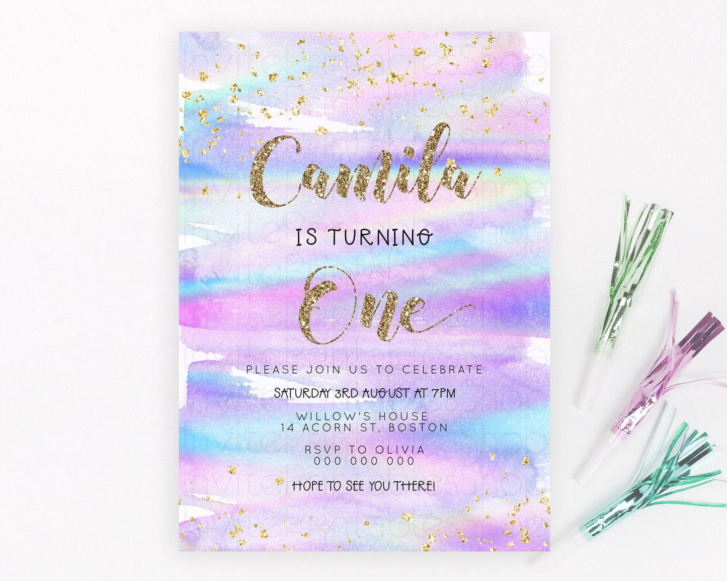 Rainbow Birthday Invitation Colorful Pastel Watercolor Invitation Gold Glitter Sprinkles Ombre Pastel 1st 2nd 3rd Birthday D23262