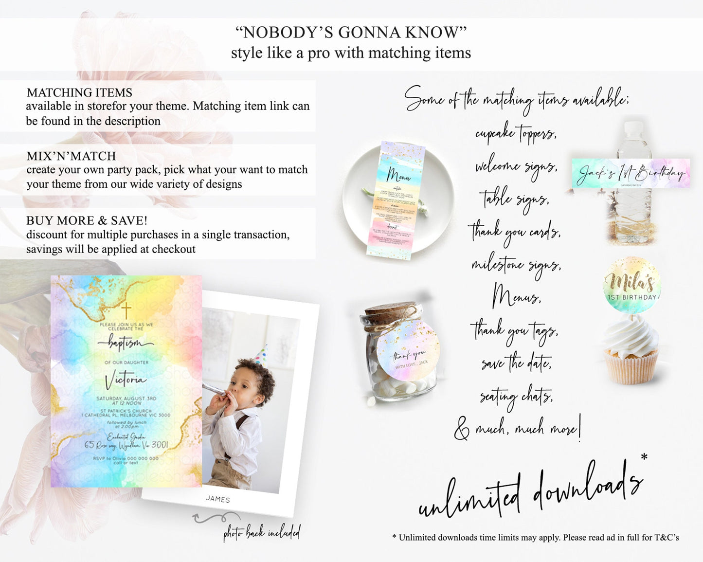 Pastel Baptism Invitation Pastel Colors Watercolor Baptism 1st Birthday Party Gold Ombre Pastel Rainbow Christening Holy Communion D10588