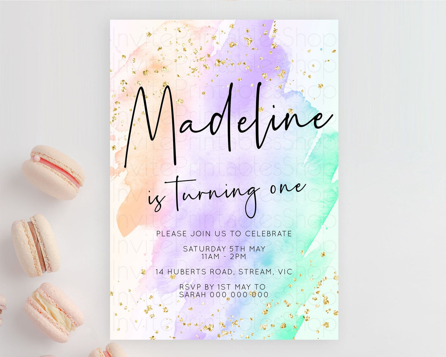 Rainbow Birthday Invitation Colorful Pastel Watercolor Invitation Gold Glitter Sprinkles Ombre Pastel 1st 2nd 3rd Birthday D10176