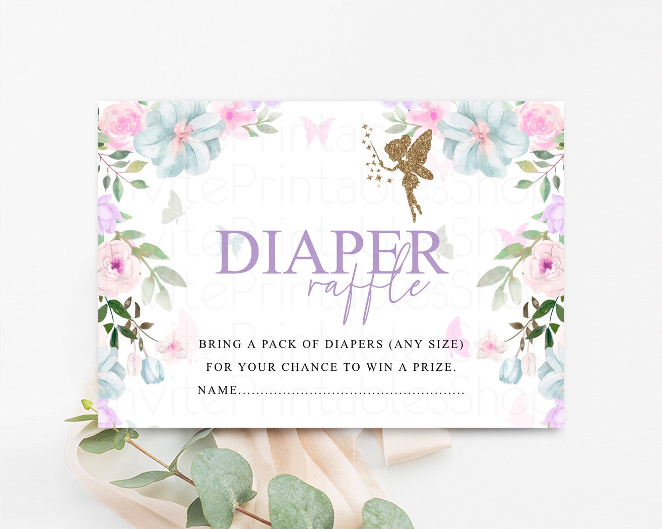 Fairy Diaper Raffle Pastel Floral Diaper Request Glitter Magic Diaper Card Enchanted Garden Baby Shower Raffle Game Tickets Nappy Card 513V3