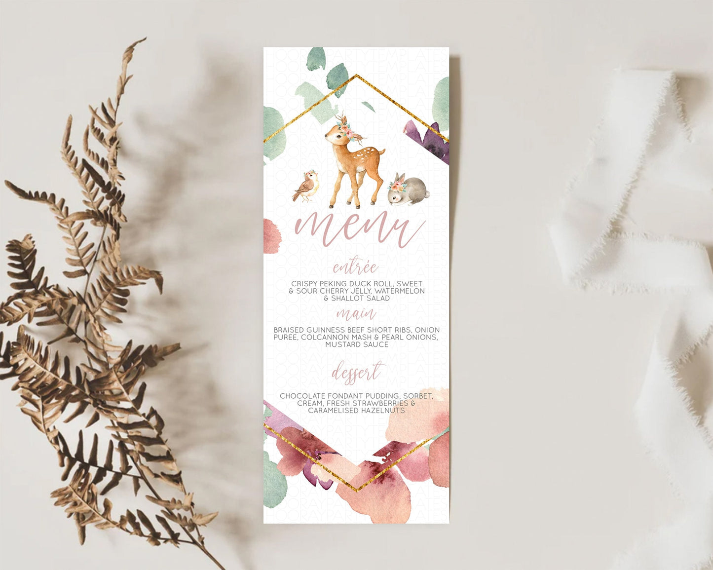 Fawn Menu Deer Menu Template Pastel Floral Deer Table Decor Enchanted Forest Butterfly Floral Dinner Dessert Menu Party Food Menu D10913