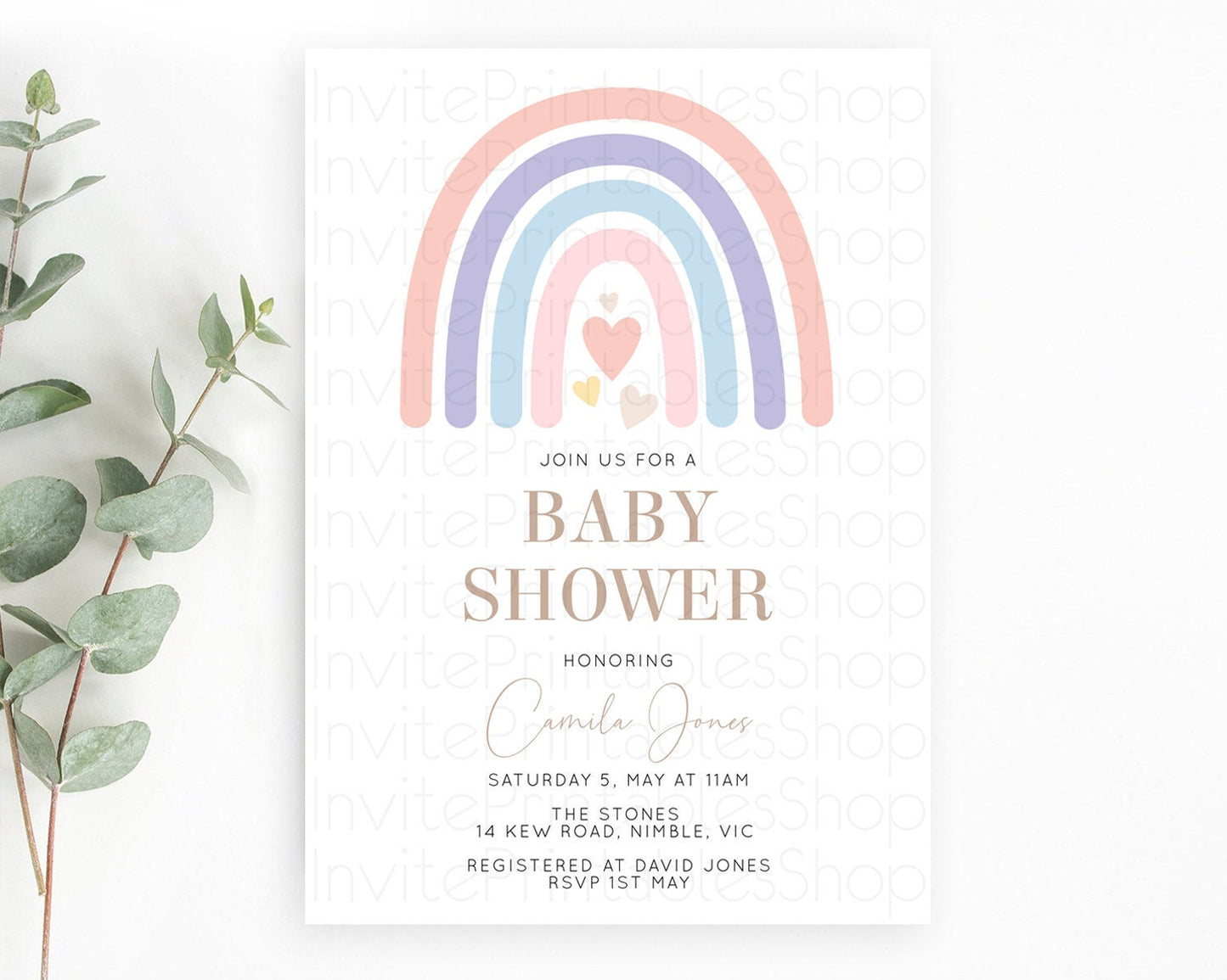 Pastel Rainbow Baby Shower Invitation Boho Rainbow with Cute Hearts - Pastel Colors Pink, Purple, Blue Perfect for Gender Reveal D10788