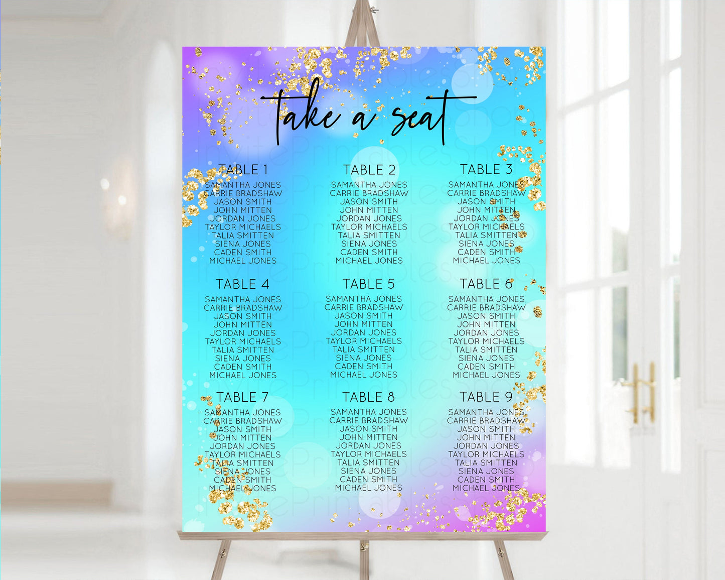 Blue Purple Seating Chart Ombre Watercolor Seating Sign Gold Mermaid Bright Pastel Seating Baby Shower Christening Birthday Baptism 572