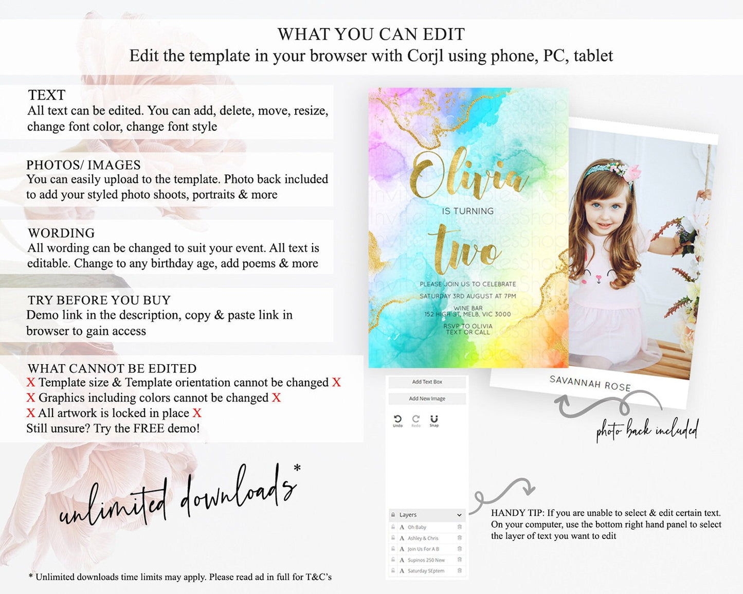 Rainbow Birthday Invitation Colorful Pastel Watercolor Invitation Gold Glitter Sprinkles Ombre Pastel 1st 2nd 3rd Birthday D10392