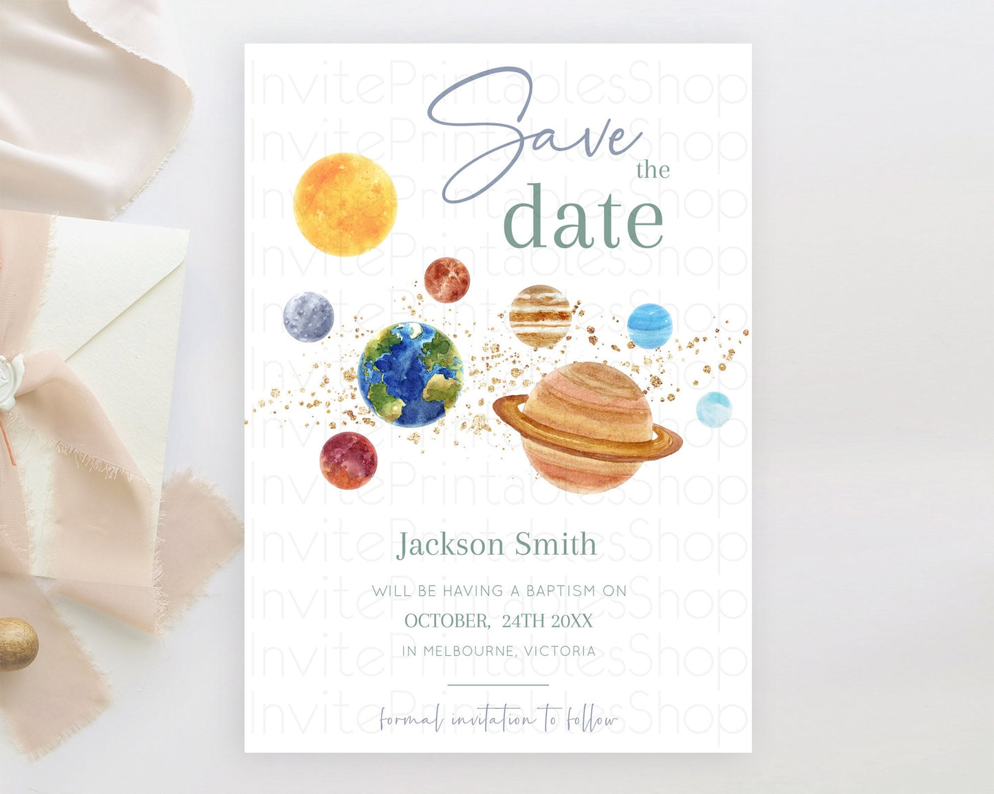 Space Save The Date Template Space Adventure Party First Trip Around the Sun Planets Solar System 1st Birthday Baptism Baby Shower  D10598