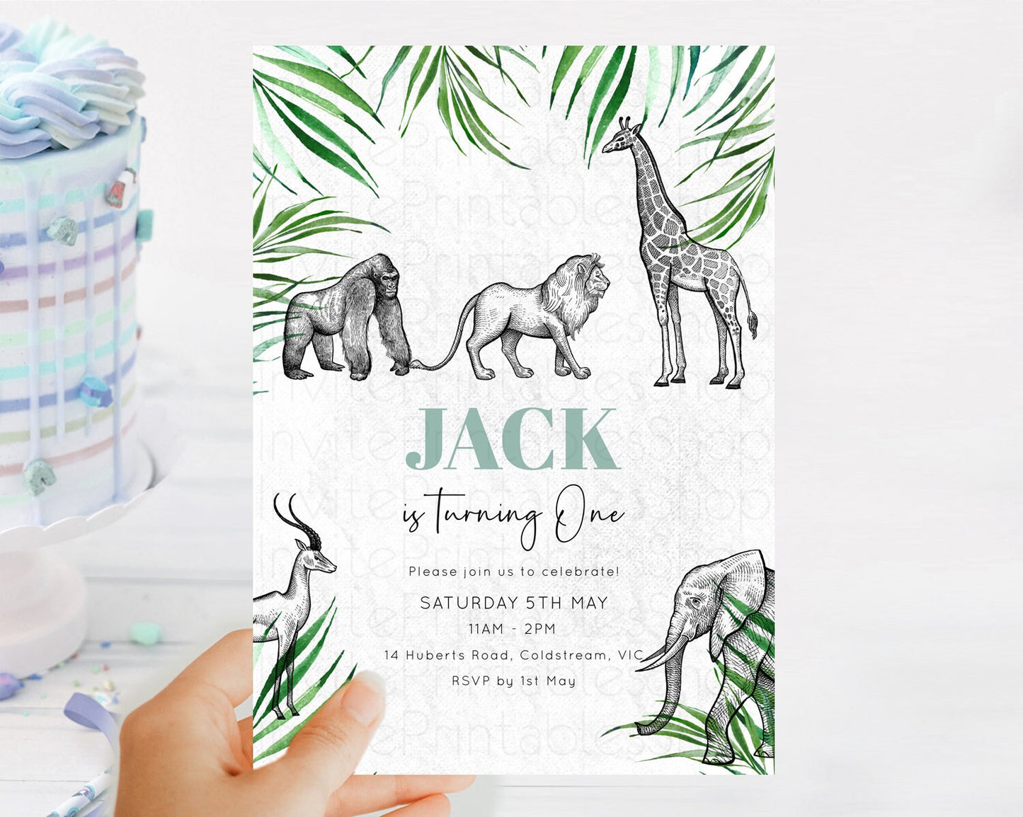 Safari Birthday Invitation Lion Gorilla Elephant Rhino Tropical Palm Jungle Safari Adventure Zoo Party Animal 2nd 1st First Birthday D10853