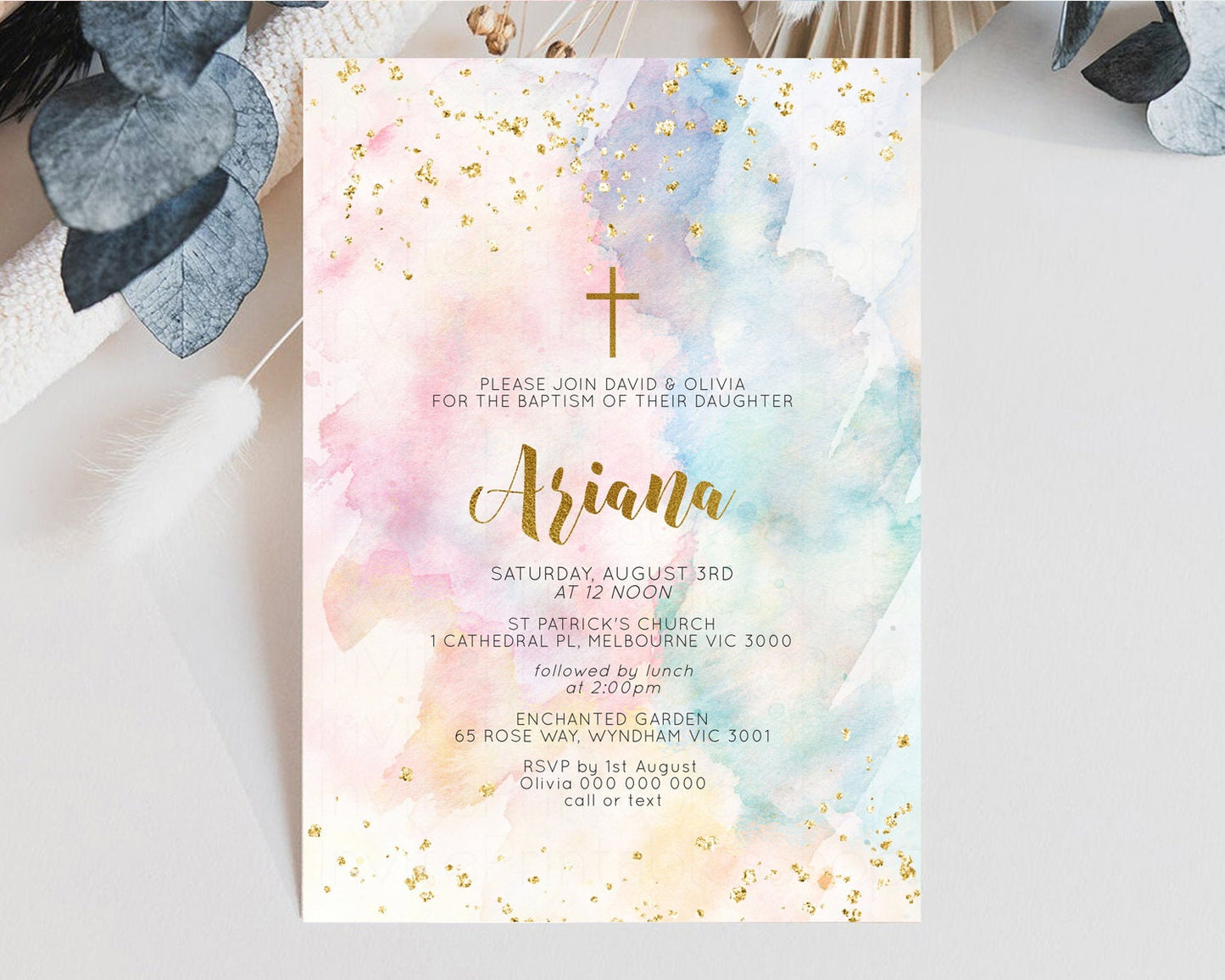 Rainbow Baptism Invitation Pastel Christening Invitation Holy Communion Invitation Glitter Watercolor Splash Invitation Colorful Invite 276