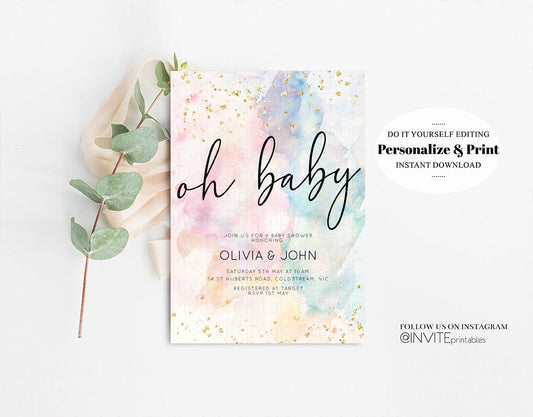 Rainbow Baby Shower Invitation Pastel Watercolor Invitation Colorful Splash Gold Splatter Glitter Foil Sprinkles Confetti Editable