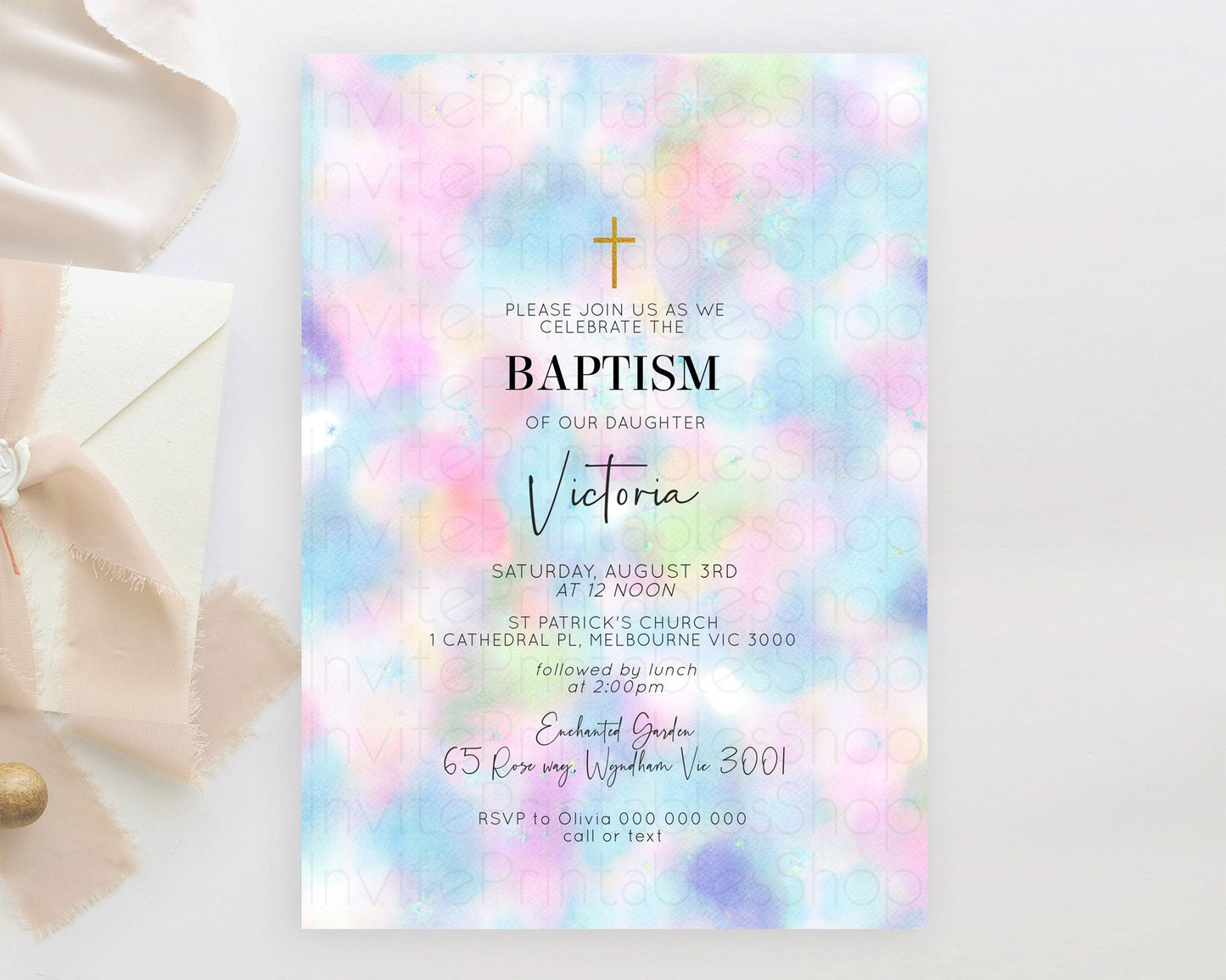 Pastel Baptism Invitation Pastel Colors Watercolor Baptism 1st Birthday Party Gold Ombre Pastel Rainbow Christening Holy Communion D10694