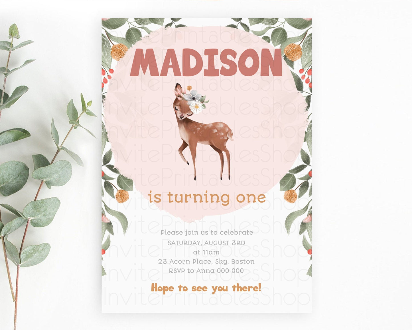 Fawn Birthday Invitation Deer Birthday Invitation Enchanted Forest Party Butterfly Pastel Flowers Whimsical 2nd 1st First Birthday D10655