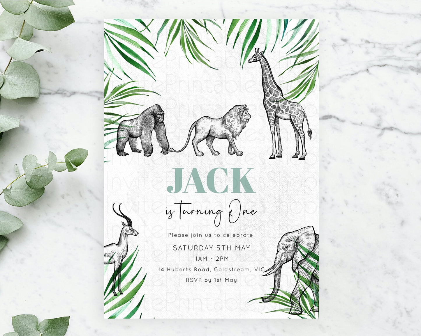 Safari Birthday Invitation Lion Gorilla Elephant Rhino Tropical Palm Jungle Safari Adventure Zoo Party Animal 2nd 1st First Birthday D10853