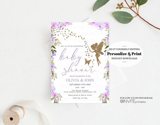 Fairy Baby Shower Invitation Fairy Gold Glitter Purple Floral Enchanted Secret Garden Princess Pixie Dust Magic Flutter Flower Girl Boy