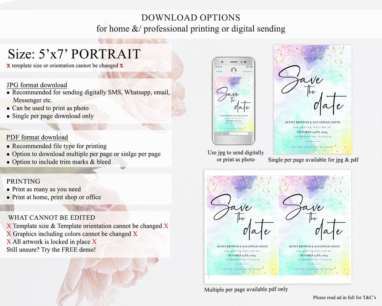 Pastel Save The Date Template Pastel Ombre Rainbow Watercolor Colorful Party For Birthday Baptism Baby Shower Wedding Bridal Shower D10158