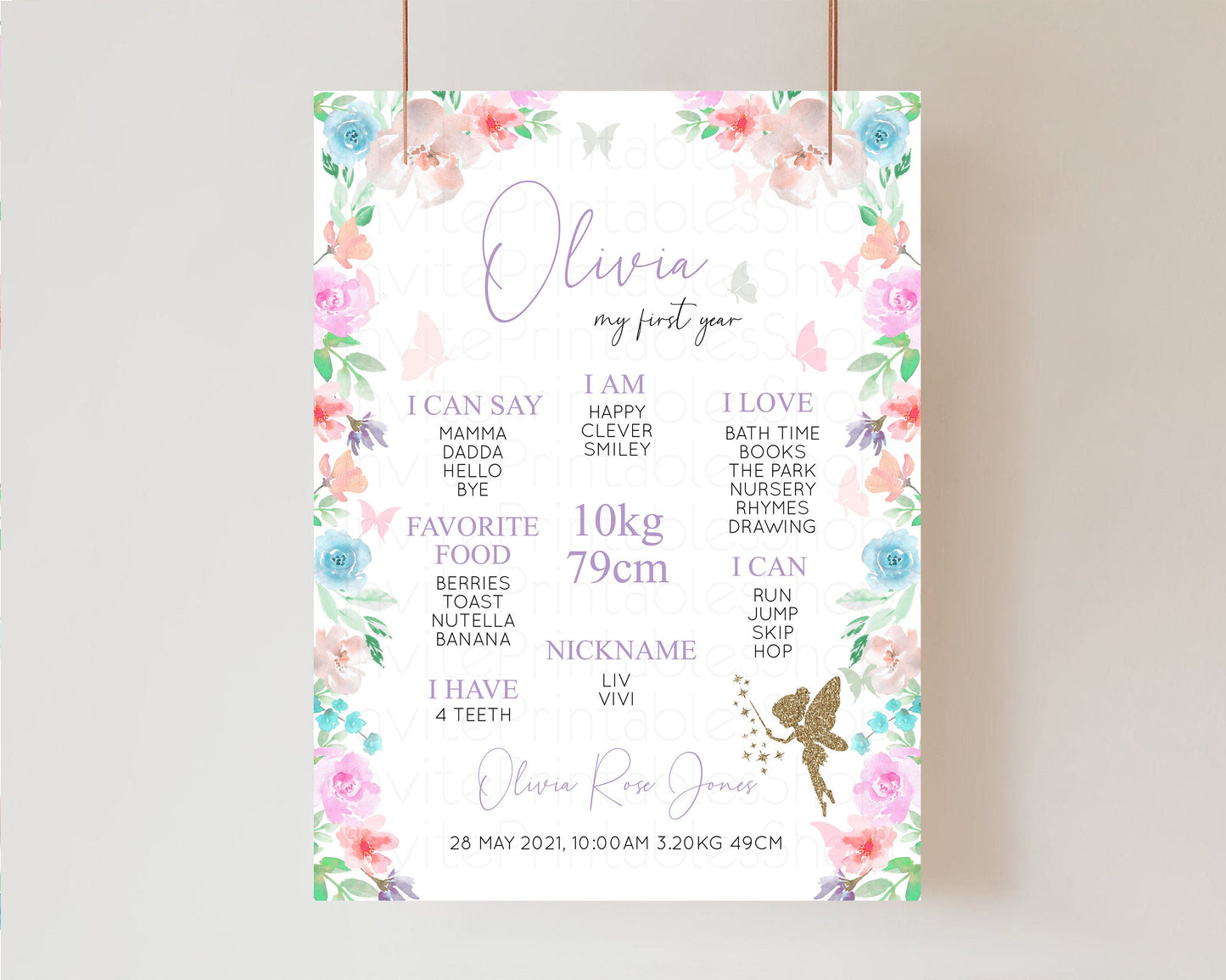 Fairy Baby Milestone Board Pastel Floral First Birthday Poster Enchanted Garden Welcome Board Colorful 1st Birthday Baby Milestone Sign P113