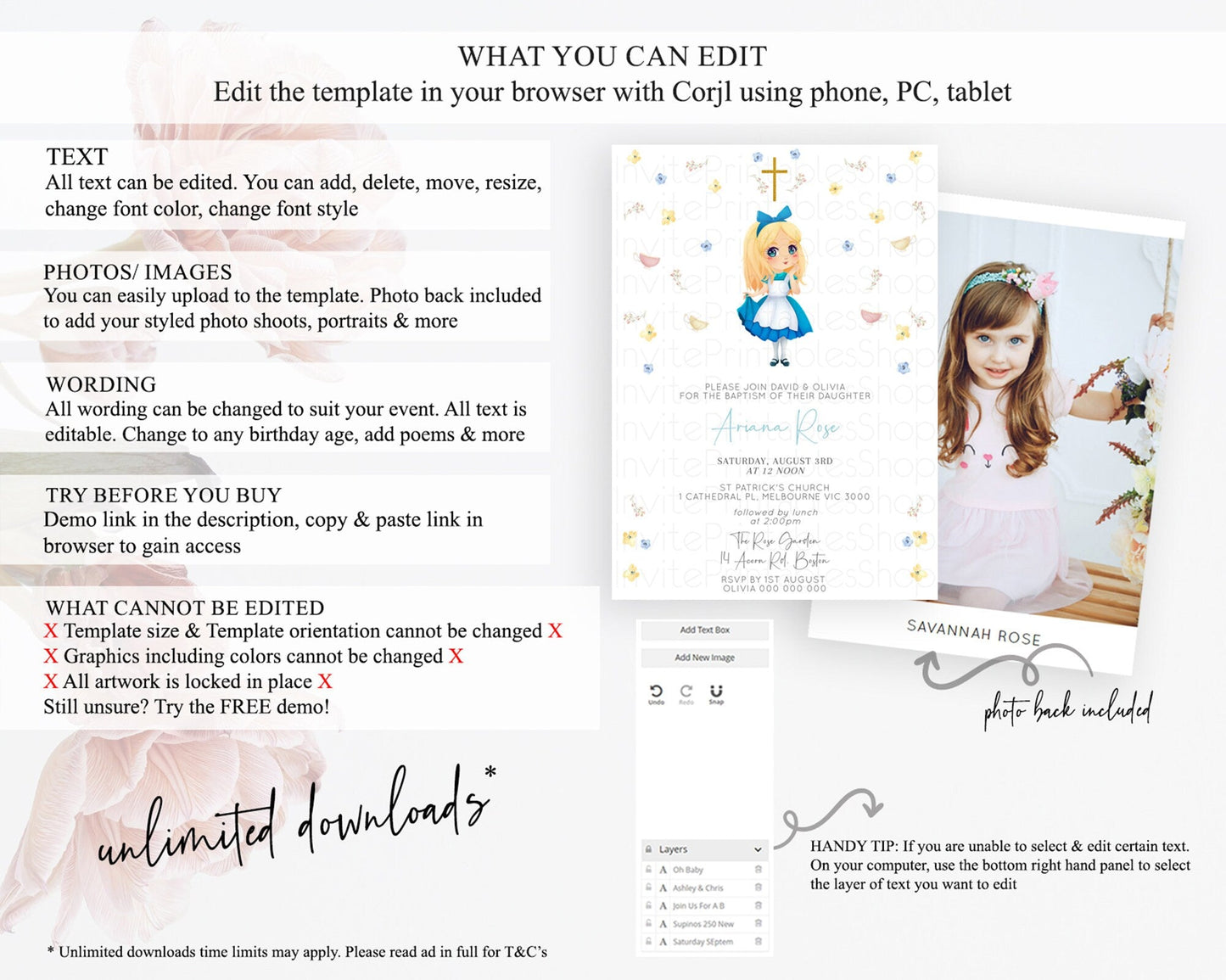 Princess Baptism Invitation Enchanted Castle Baptism 1st Birthday Invitation Royal Party Pastel Floral Secret Garden Christening D10886
