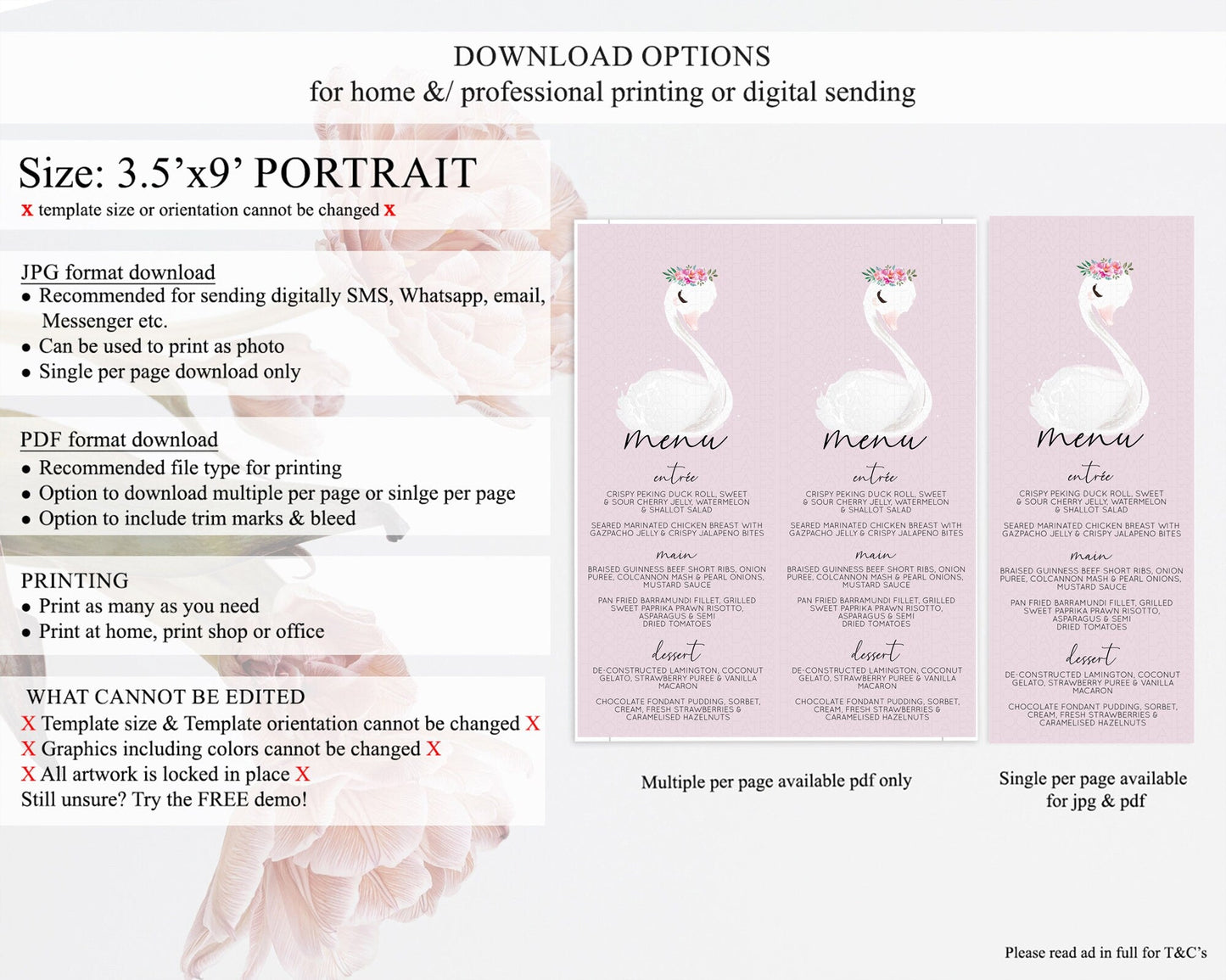 Swan Menu Swan Princess Ballet Menu Template Enchanted Swan Lake Table Decor Secret Garden Pastel Floral Dinner Dessert Food Menu D10758