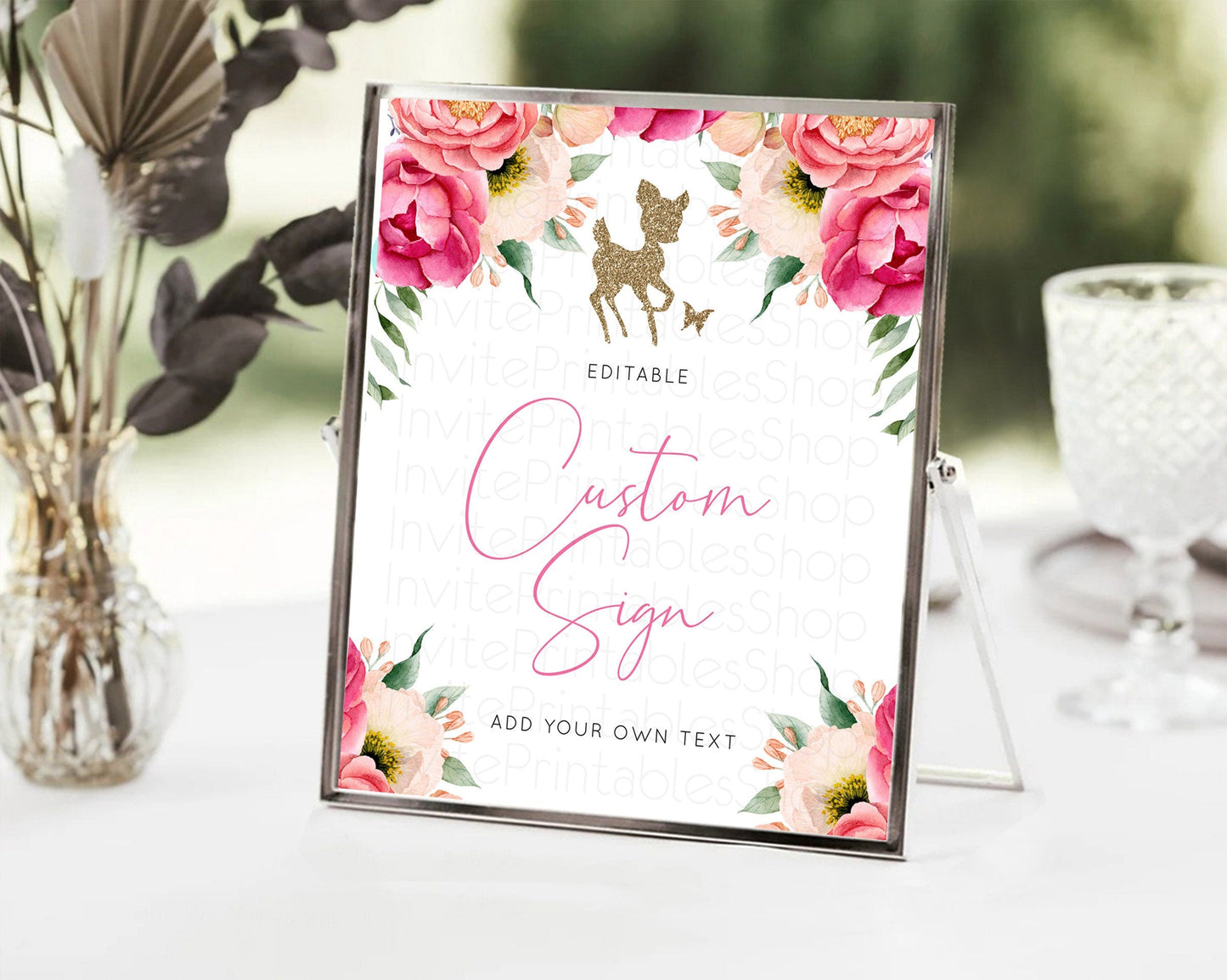 Fawn Deer Sign Pastel Floral Deer Table Sign Decor Enchanted Forest Butterfly Party 1st Birthday Baptism Baby Shower Bridal Shower D10326