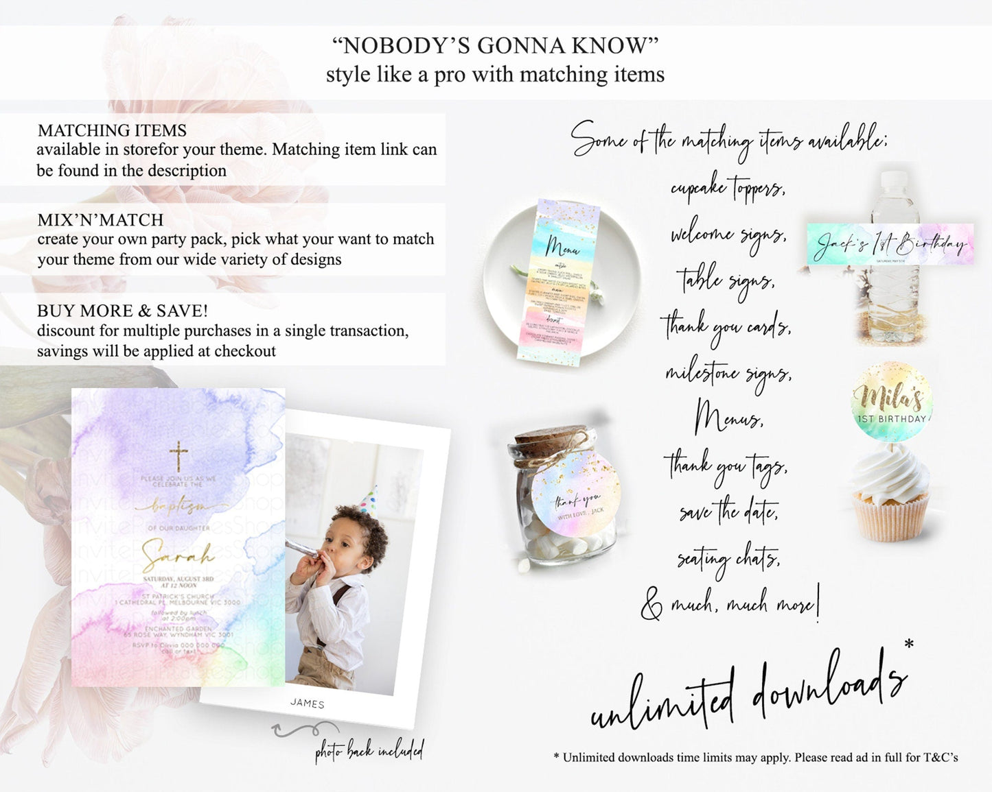 Pastel Baptism Invitation Pastel Colors Watercolor Baptism 1st Birthday Party Gold Ombre Pastel Rainbow Christening Holy Communion D10215