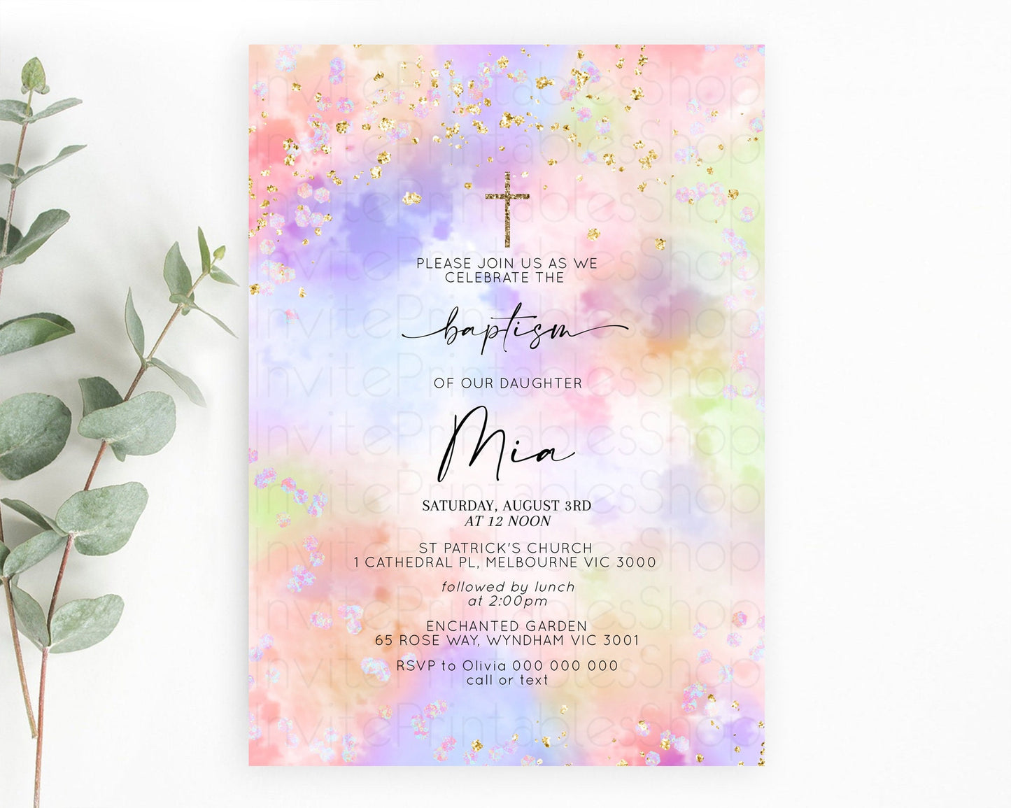 Pastel Baptism Invitation Pastel Colors Watercolor Baptism 1st Birthday Party Gold Ombre Pastel Rainbow Christening Holy Communion D10610